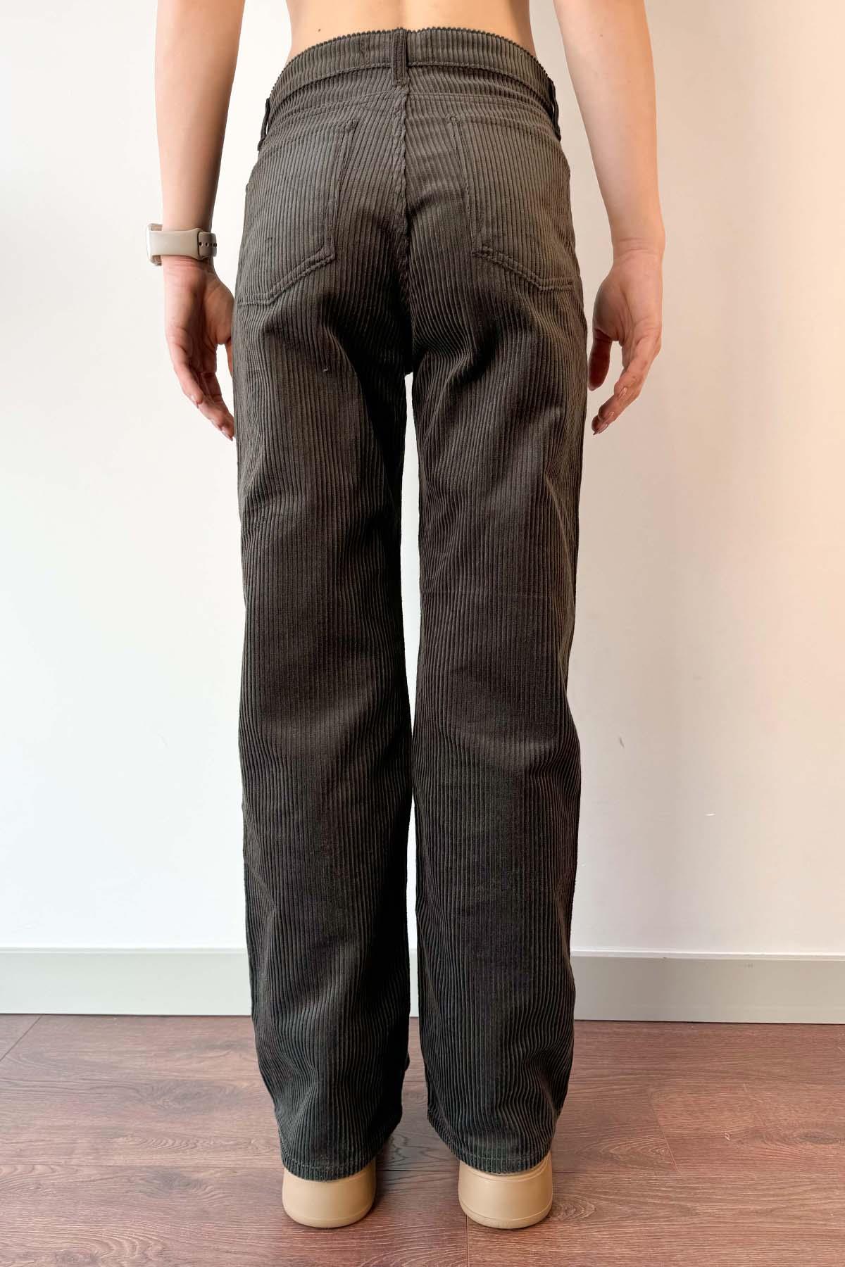 Haki Straight Kesim Kadife Jean Pantolon