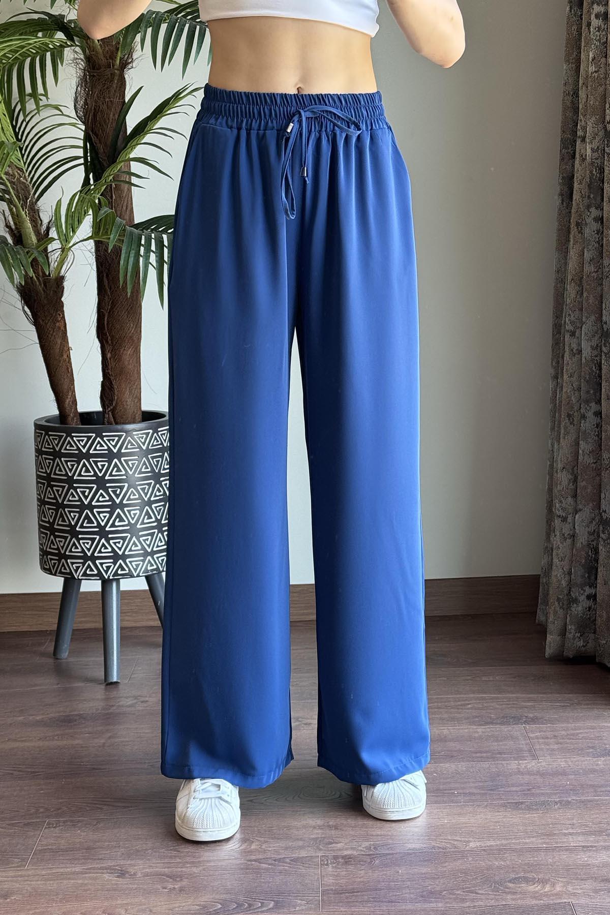 İndigo Beli Lastikli Bol Paça Pantolon