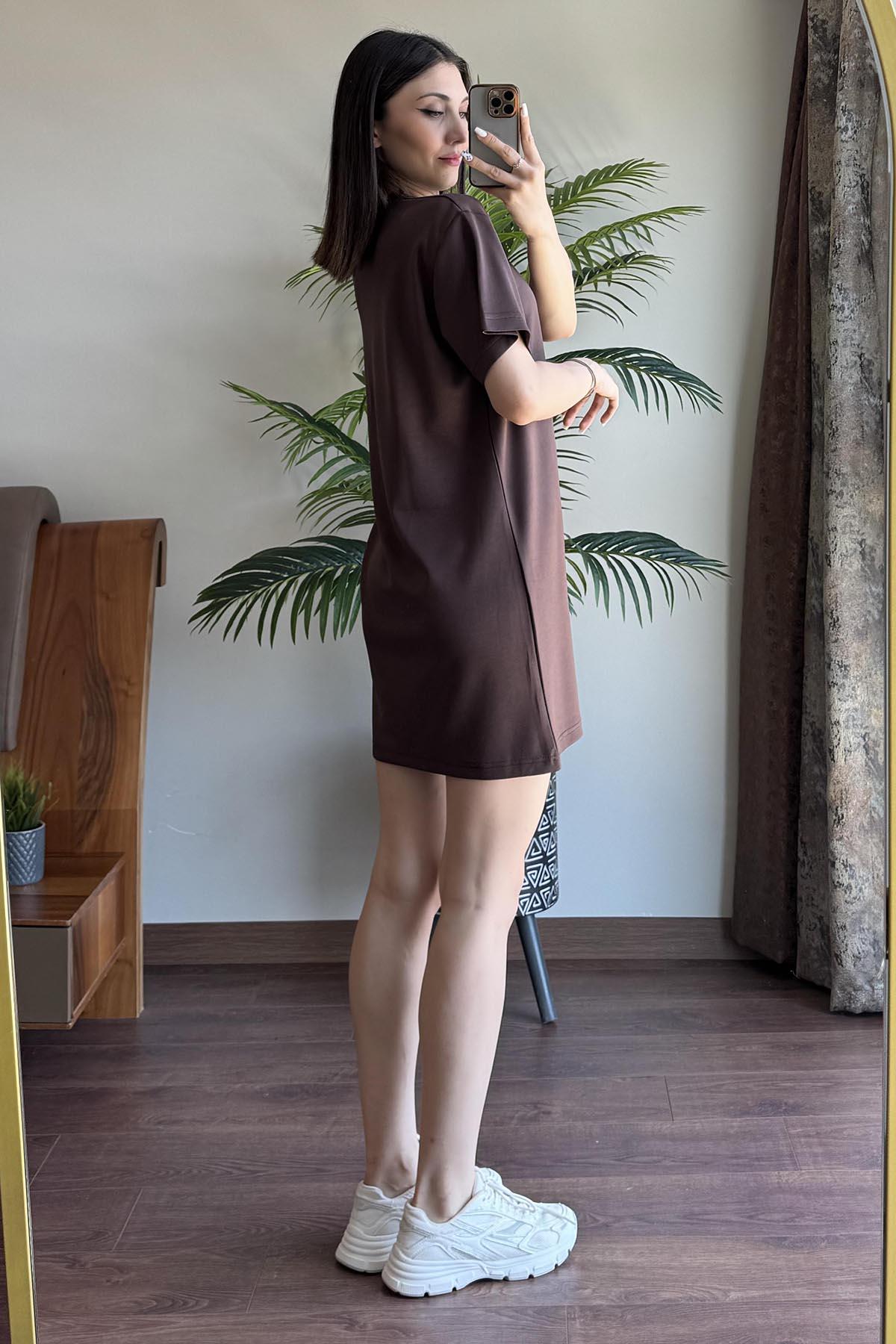 Kahverengi Alo Gümüş Baskılı Oversize Elbise