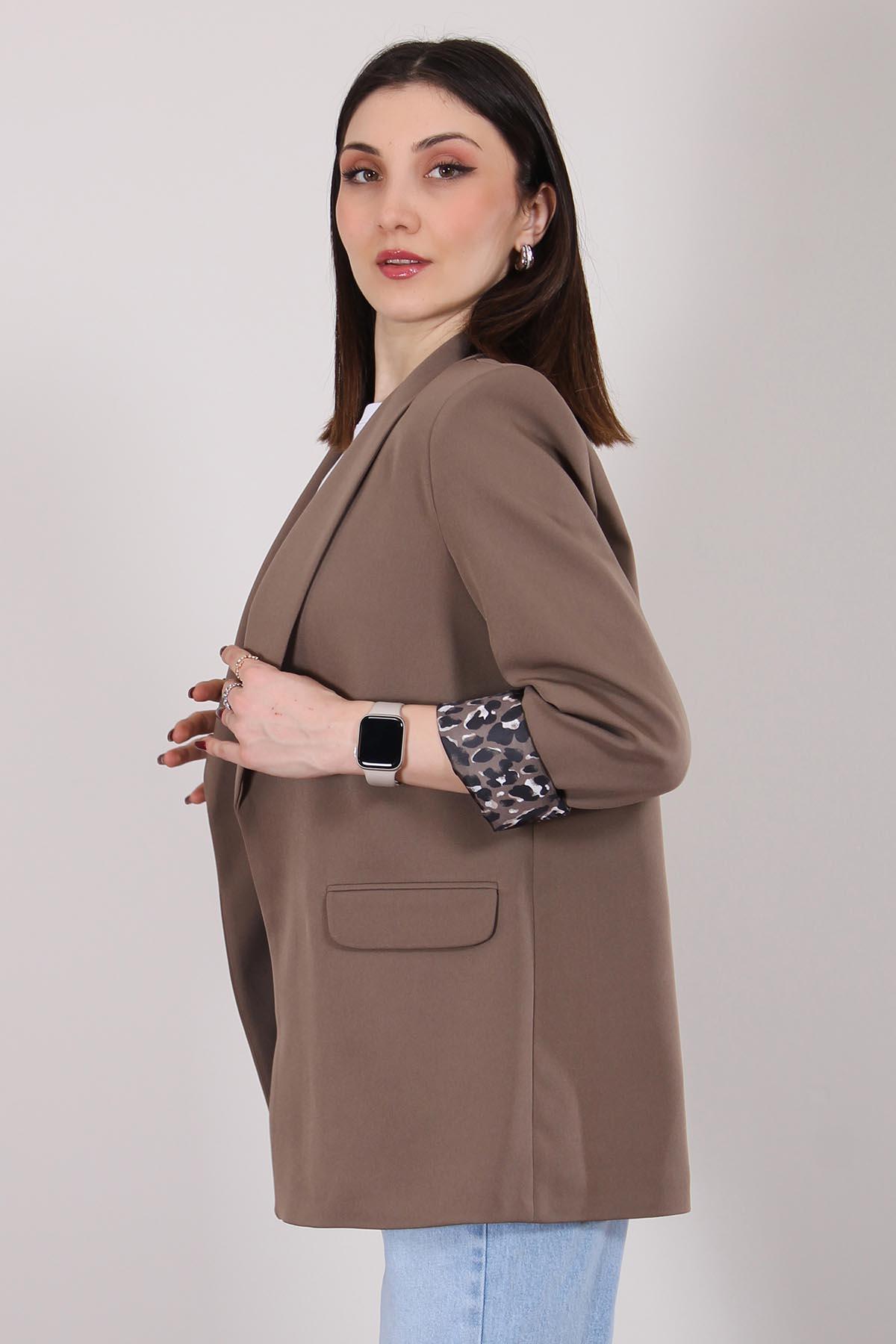 Kahverengi Atlas Kumaş Leopar Astarlı Blazer Ceket