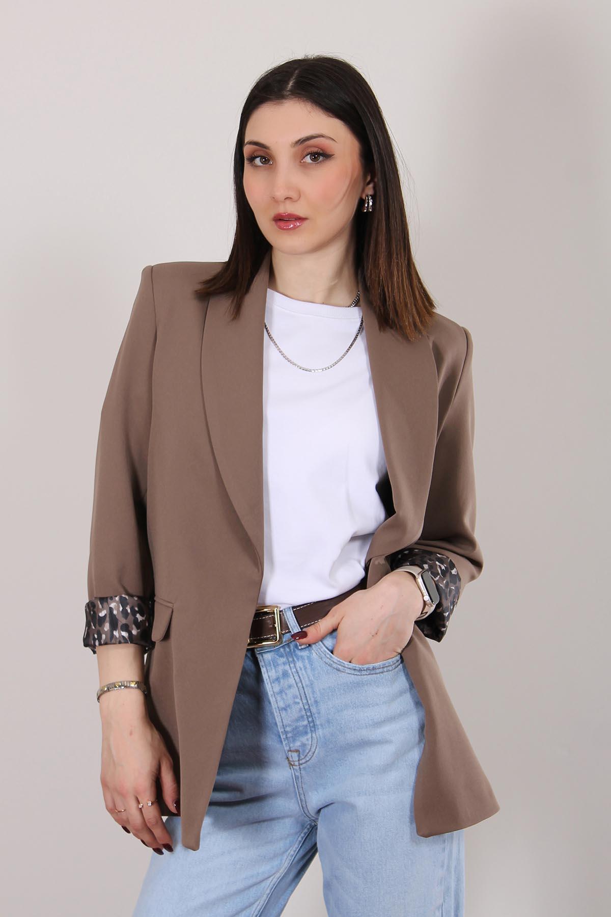 Kahverengi Atlas Kumaş Leopar Astarlı Blazer Ceket