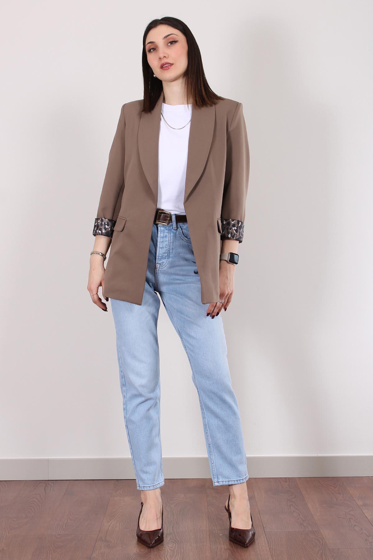 Kahverengi Atlas Kumaş Leopar Astarlı Blazer Ceket