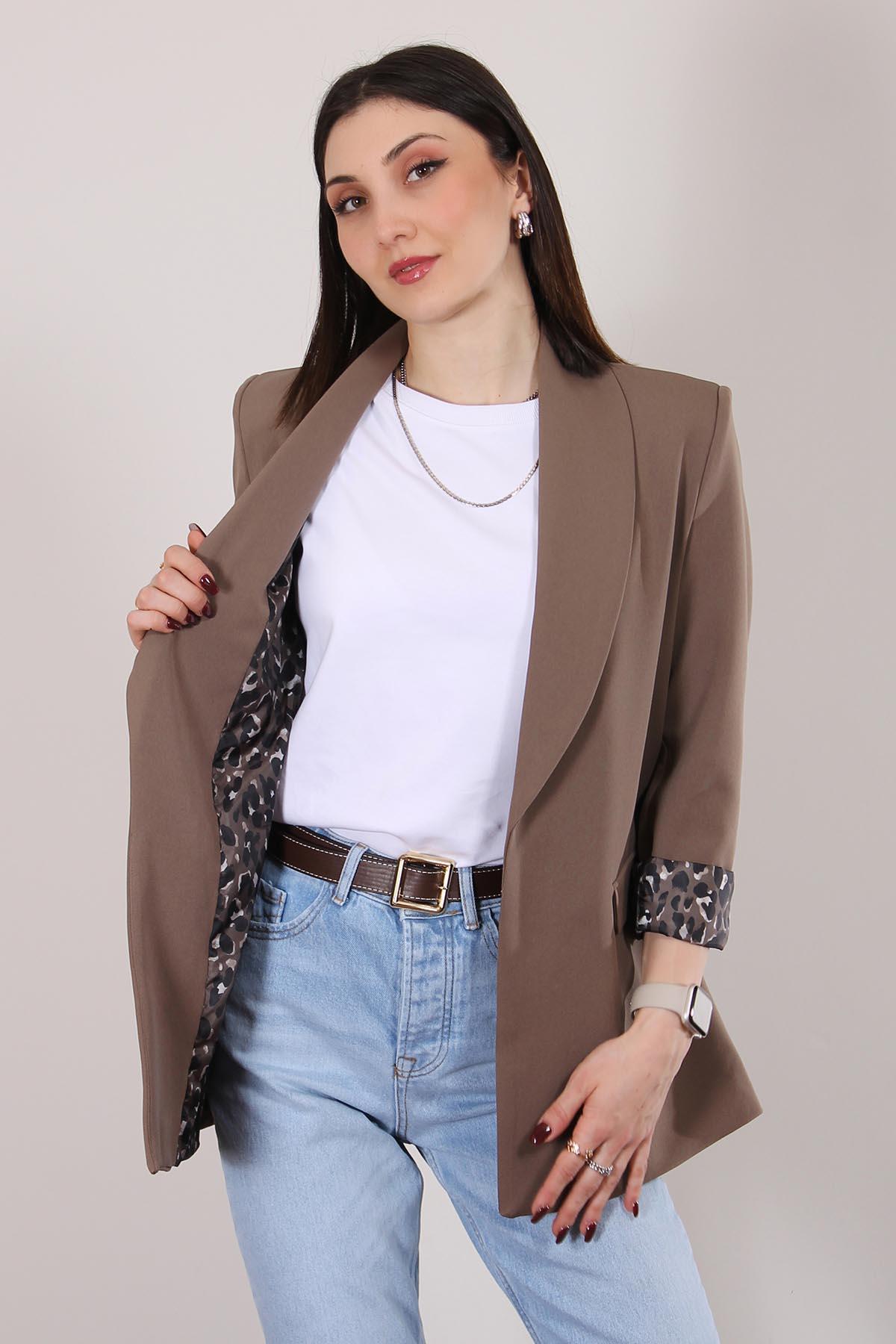 Kahverengi Atlas Kumaş Leopar Astarlı Blazer Ceket