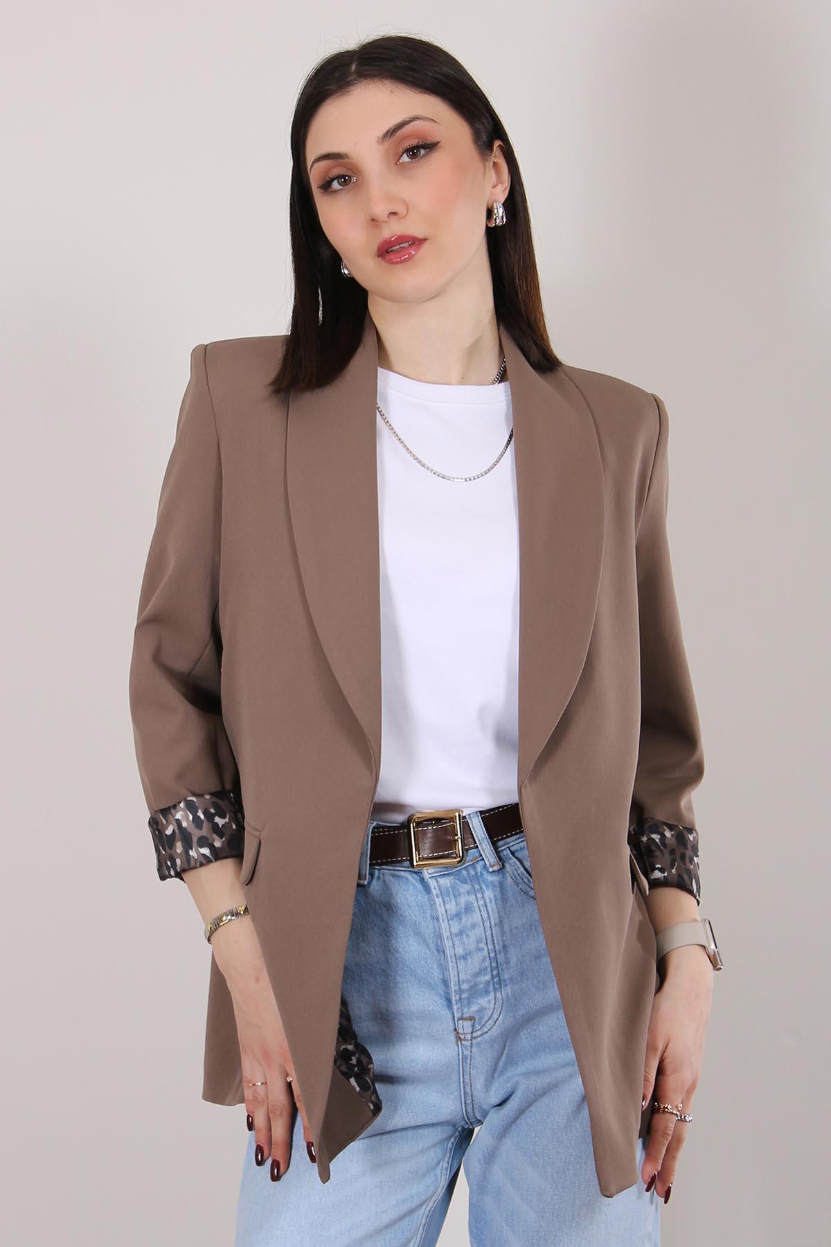 Kahverengi Atlas Kumaş Leopar Astarlı Blazer Ceket