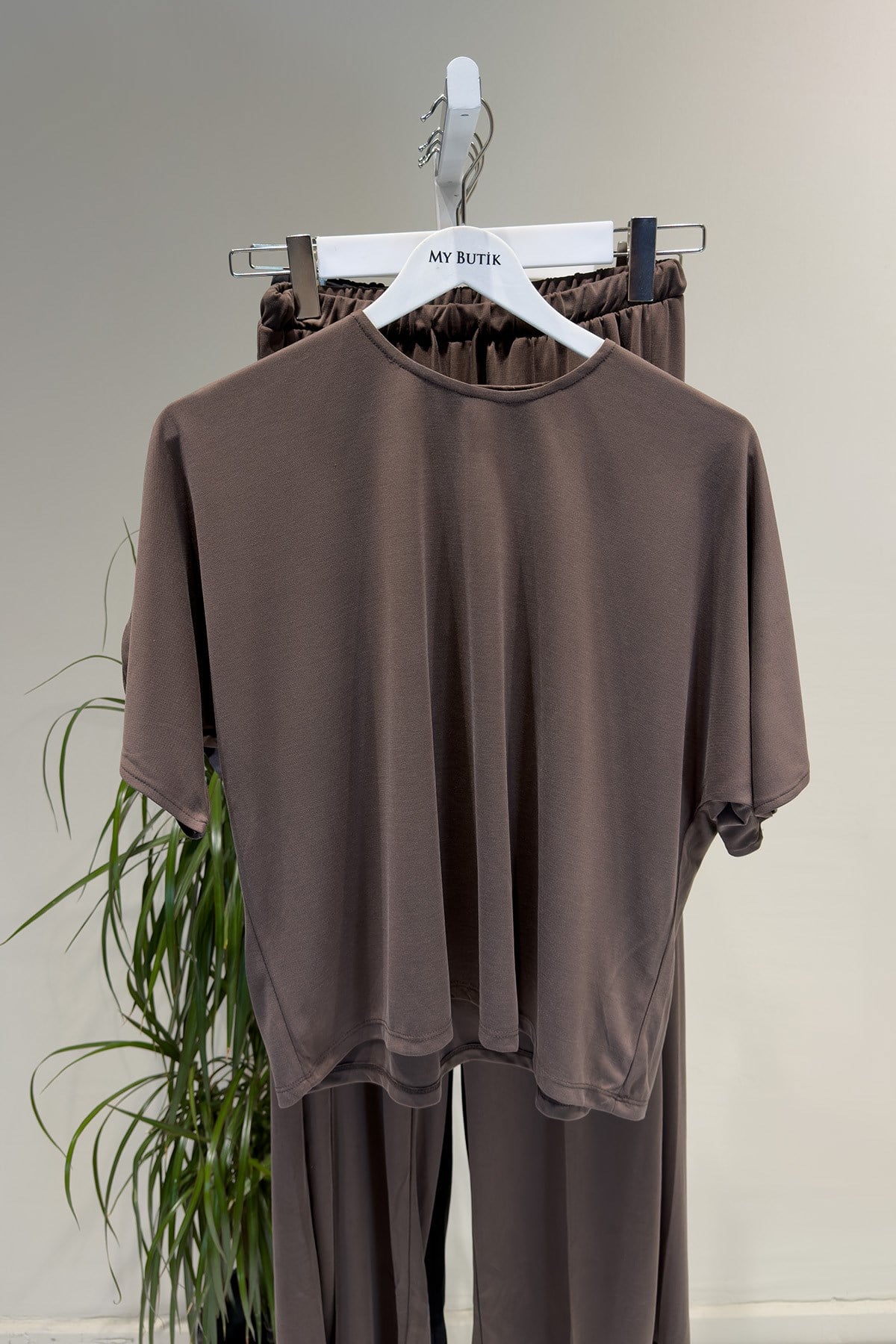 Kahverengi Crop Pantolon Takım