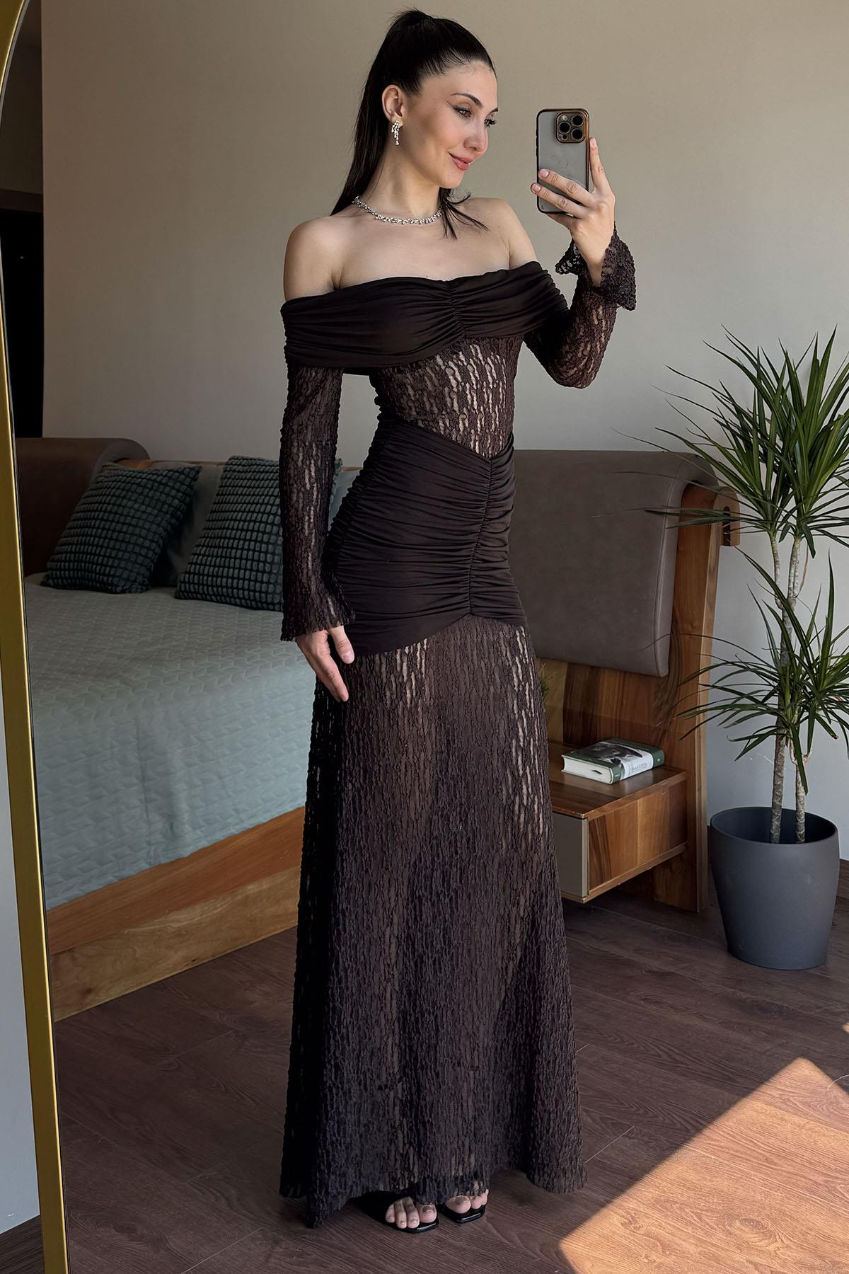 Kahverengi Drape Detaylı Dantel Elbise