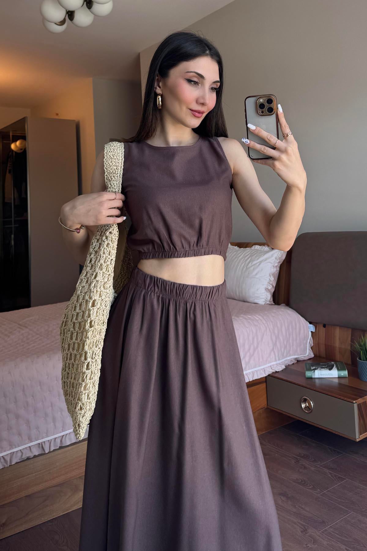 Kahverengi Etekli Crop Takım