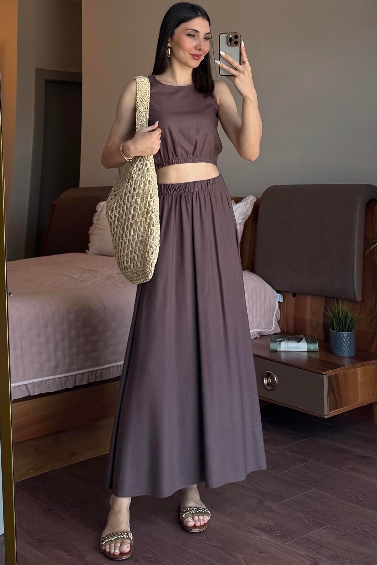 Kahverengi Etekli Crop Takım