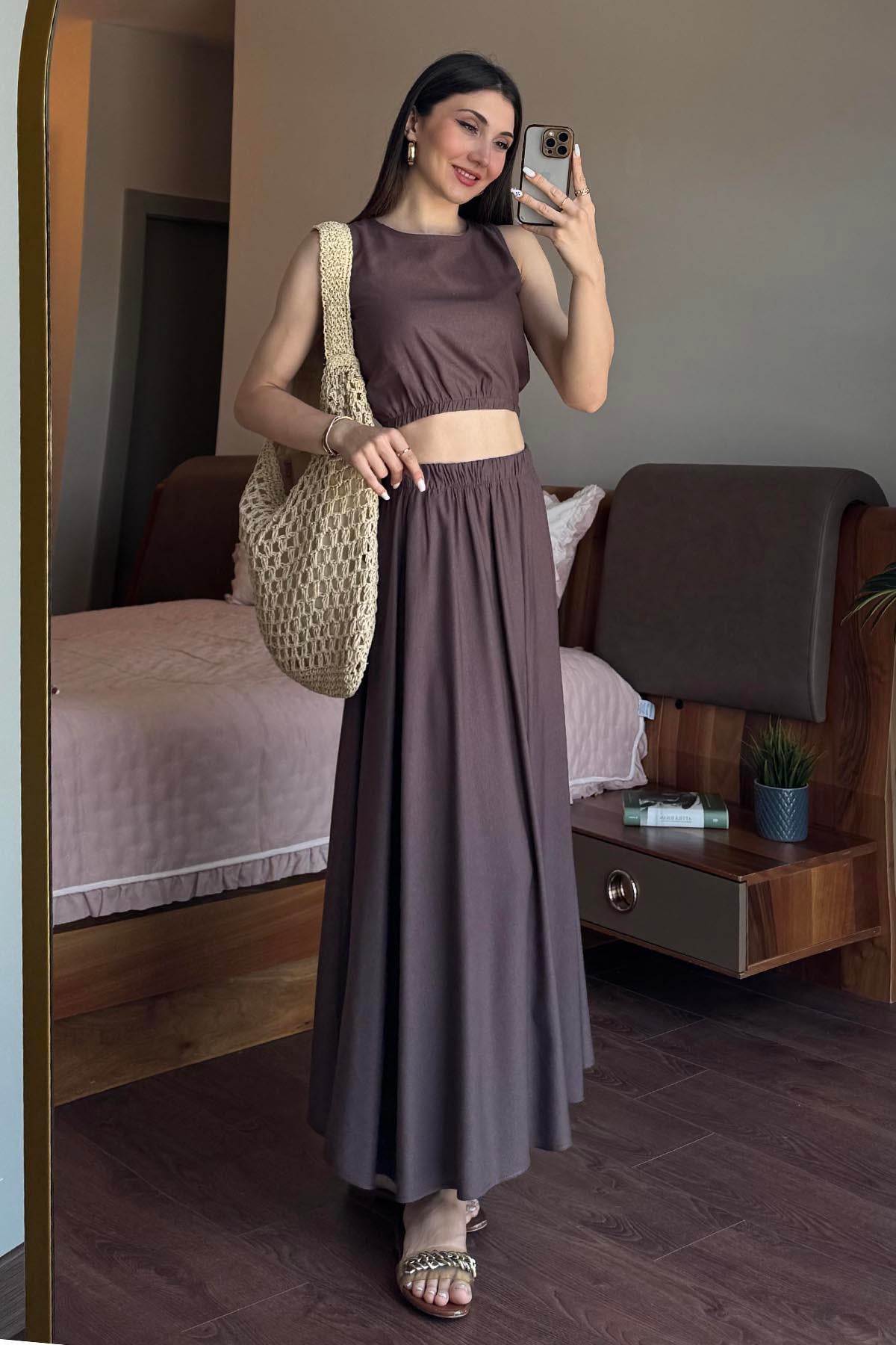 Kahverengi Etekli Crop Takım