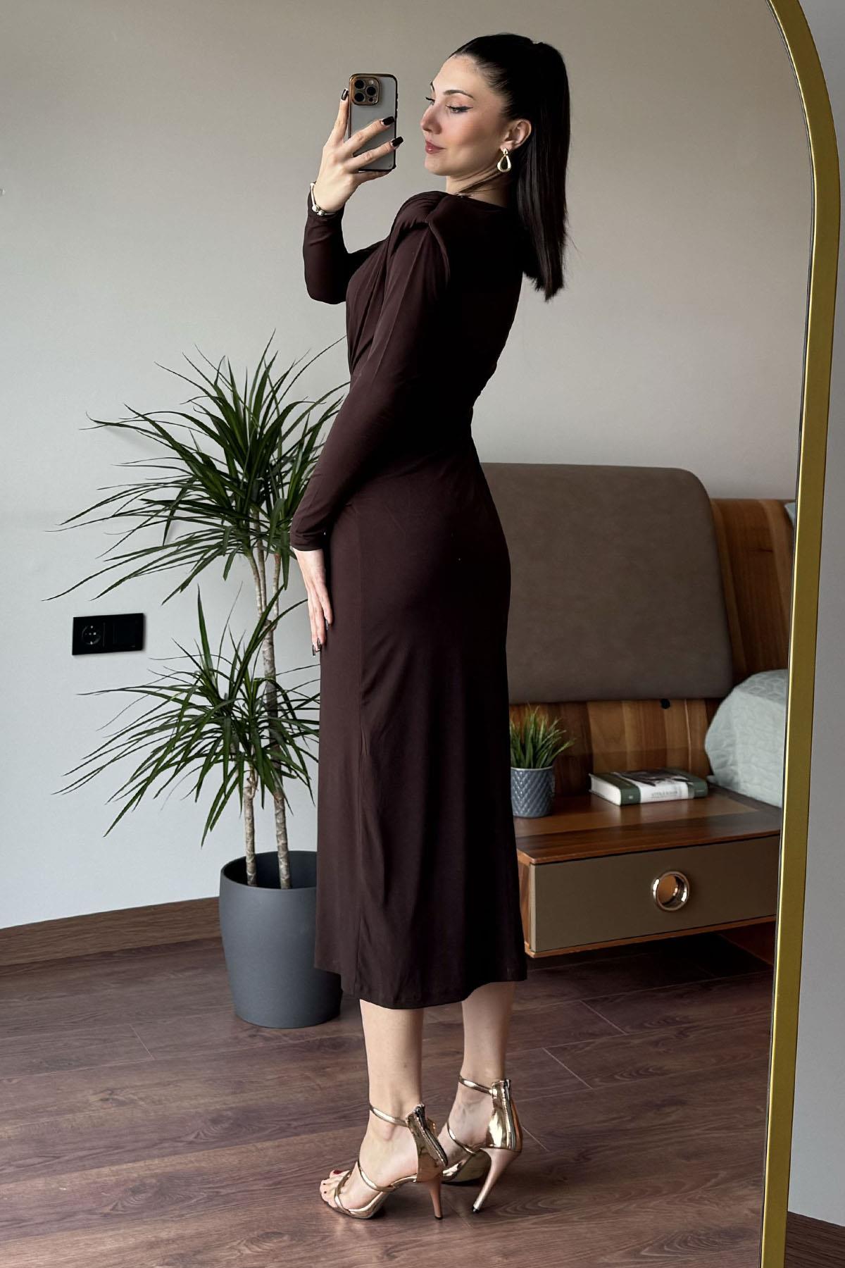 Kahverengi Güneş Tokalı Drape Detaylı Elbise
