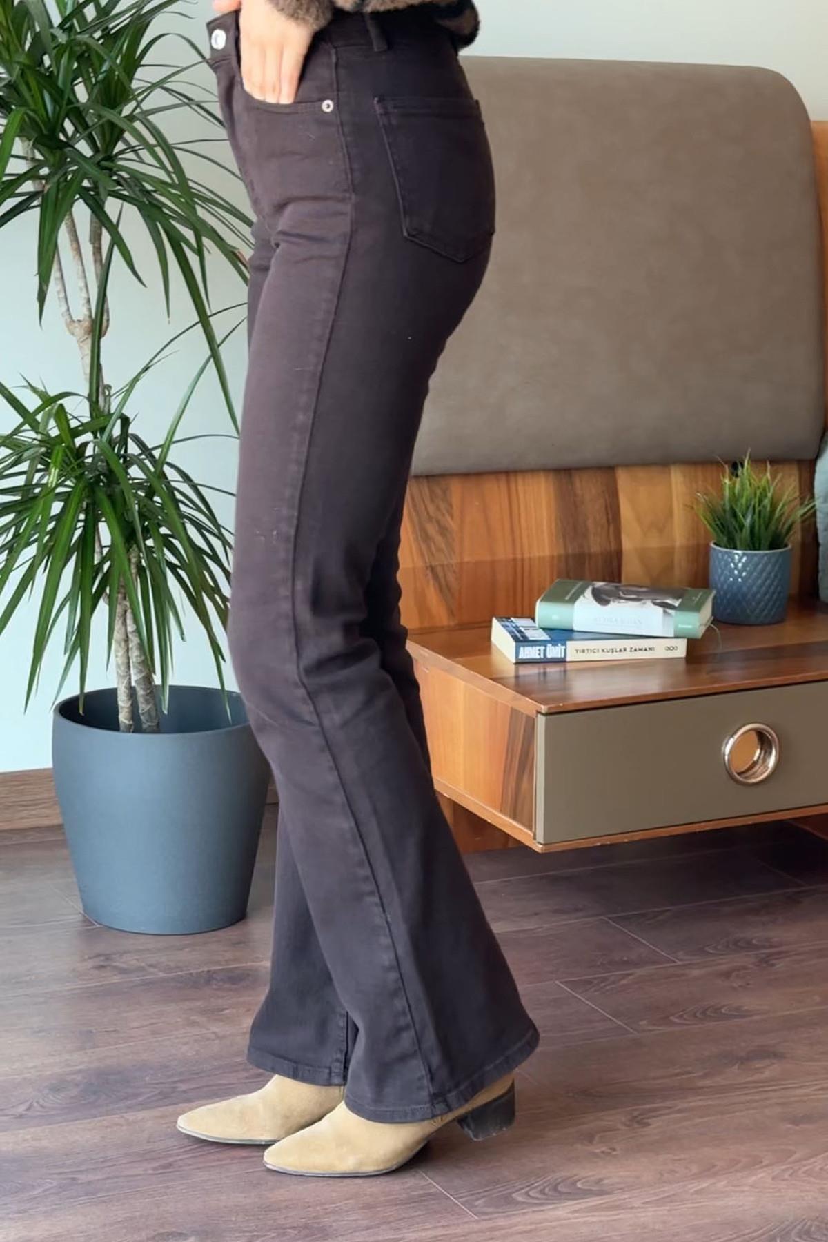 Kahverengi İspanyol Paça Likralı Jean