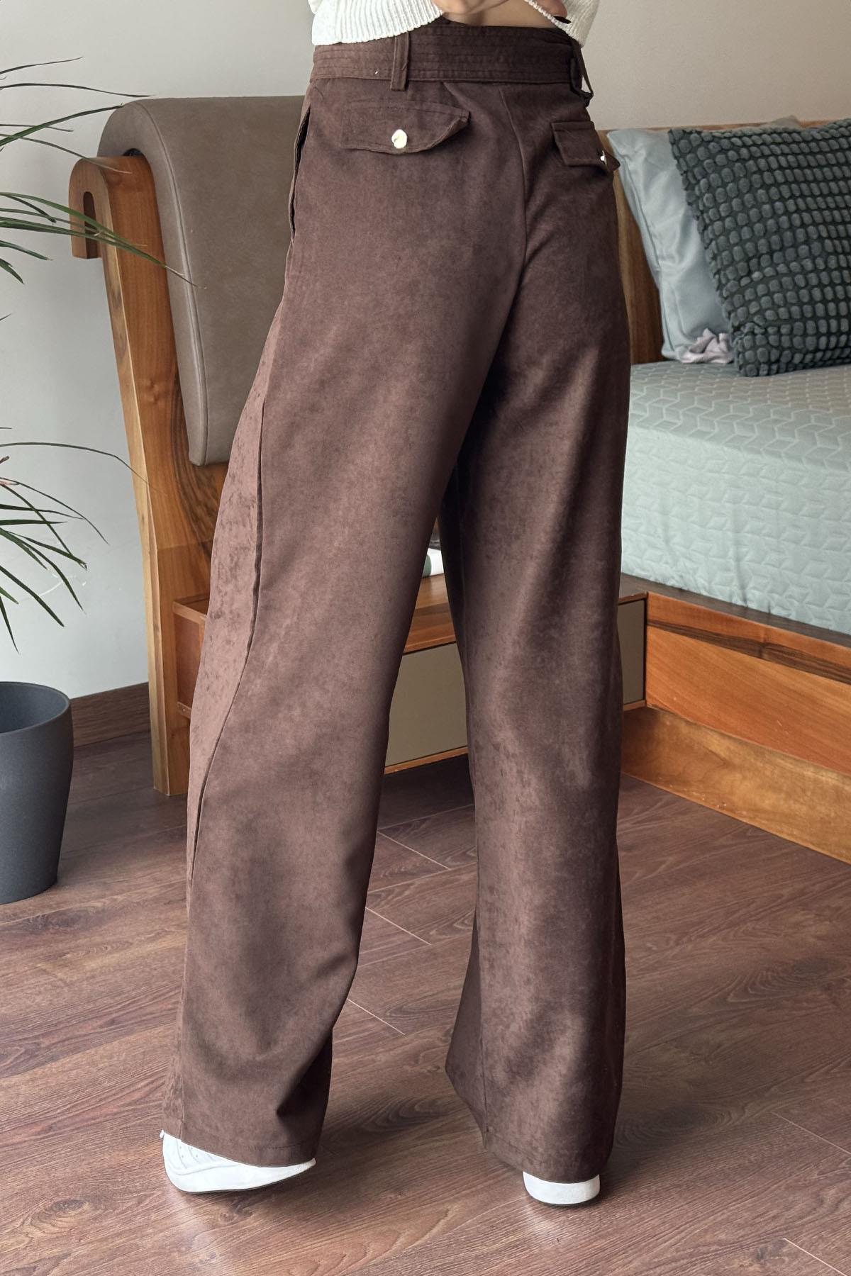 Kahverengi Kemerli Süet Pantolon
