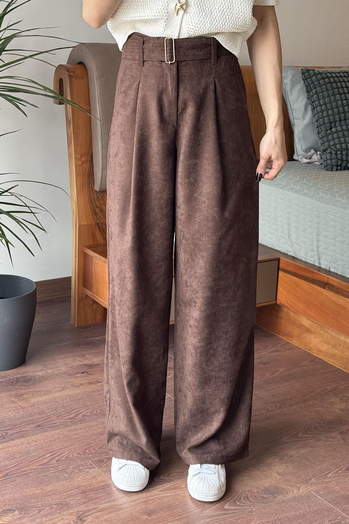 Kahverengi Kemerli Süet Pantolon