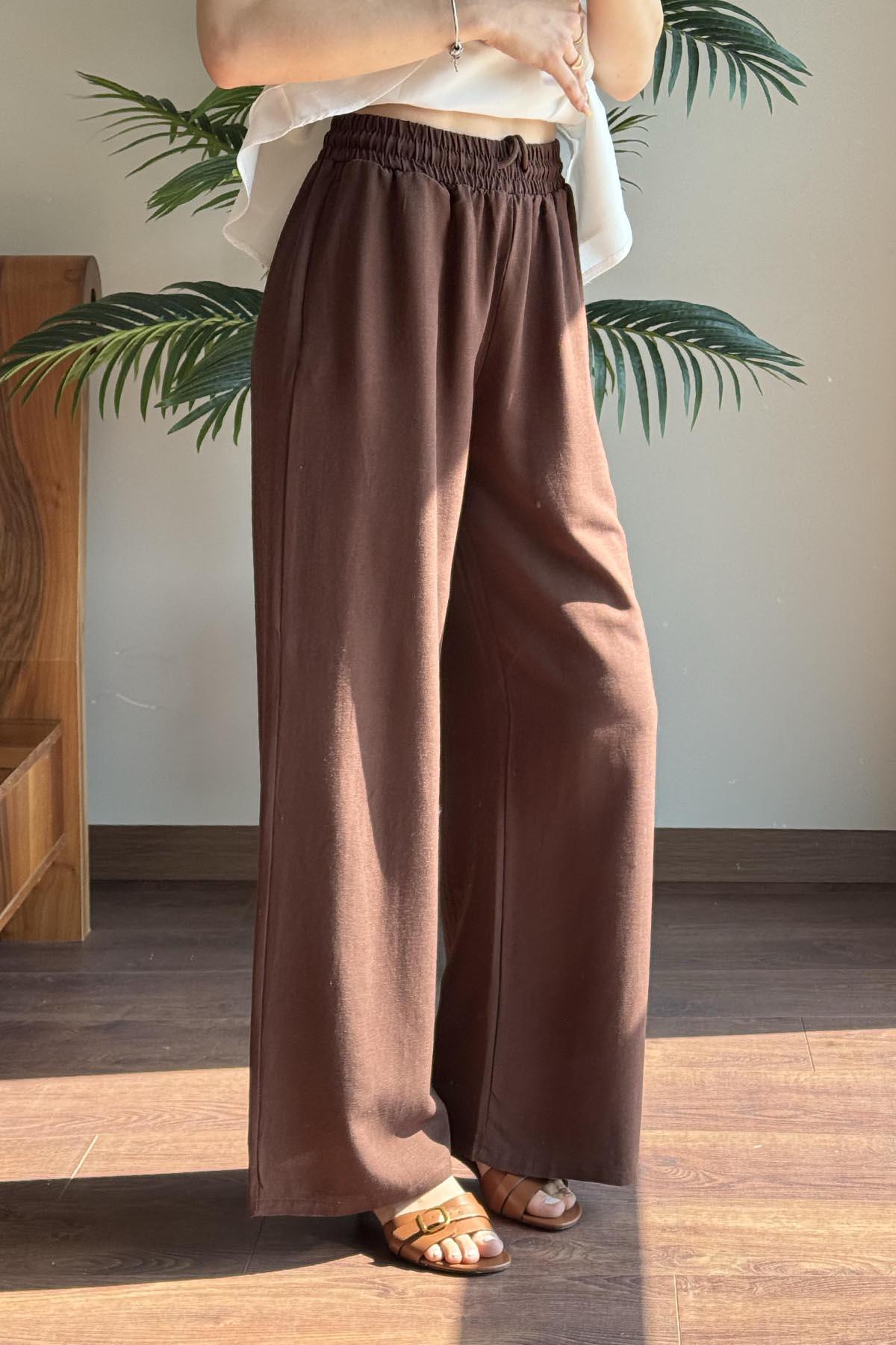 Kahverengi Keten Dokulu Beli Lastikli Pantolon