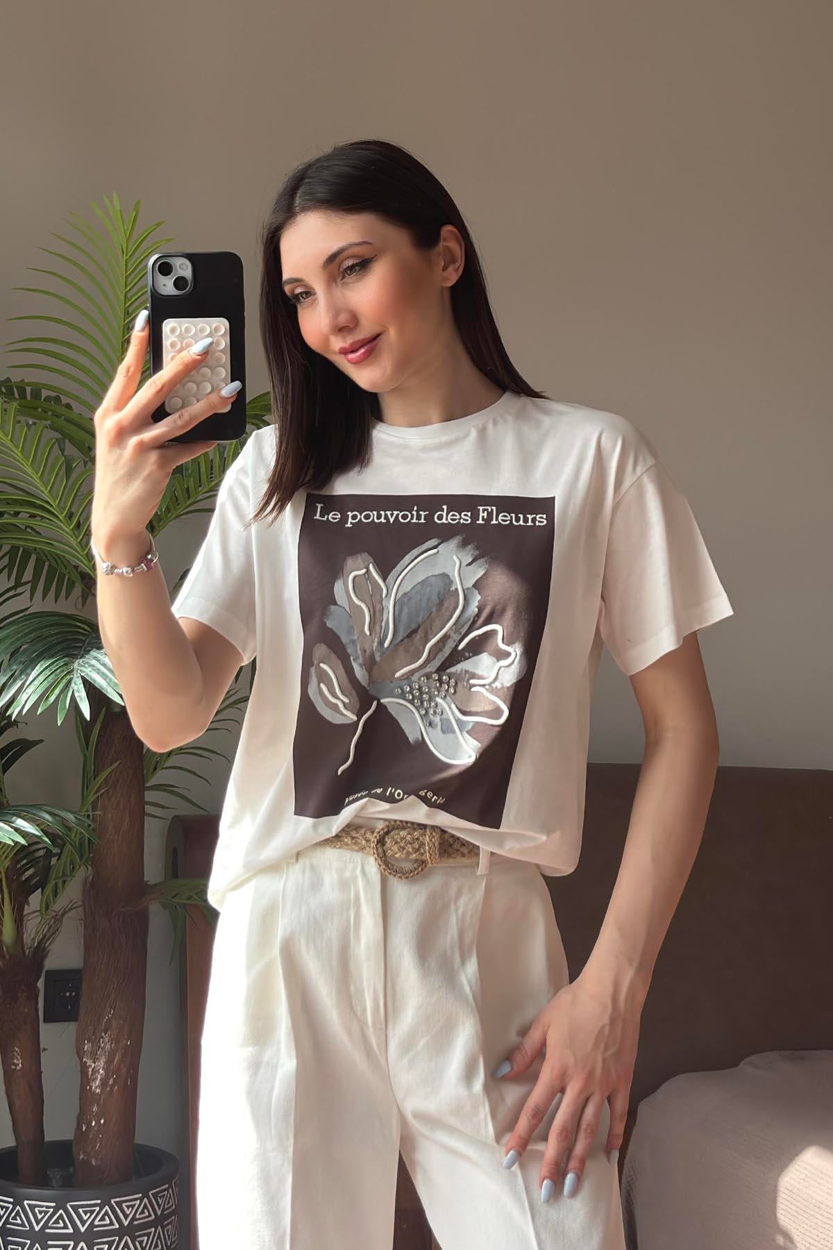 Kahverengi Le Pouvoir des Fleurs Baskılı T Shirt