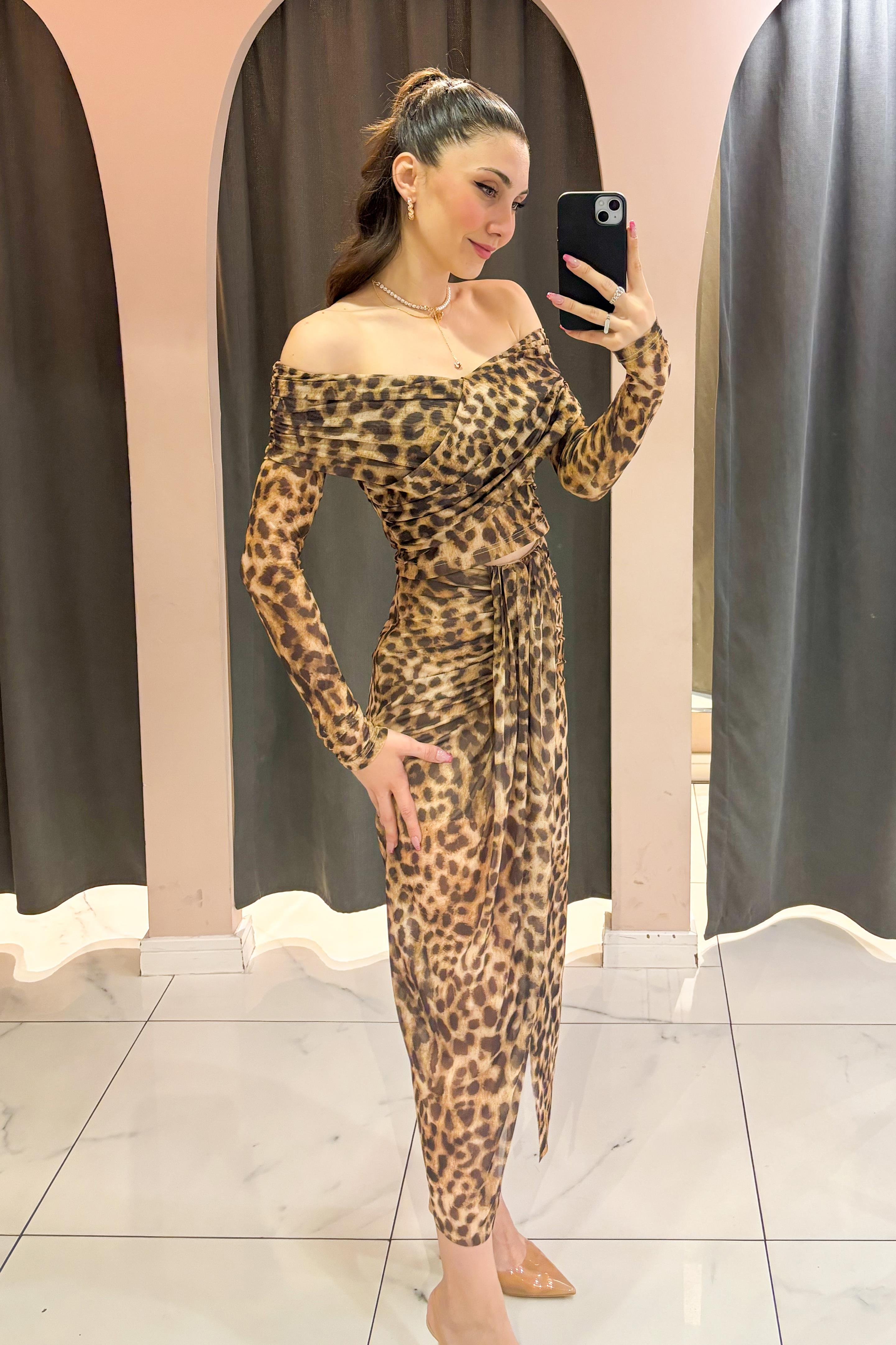 Kahverengi Leopar Desen Astarlı Tül Etek