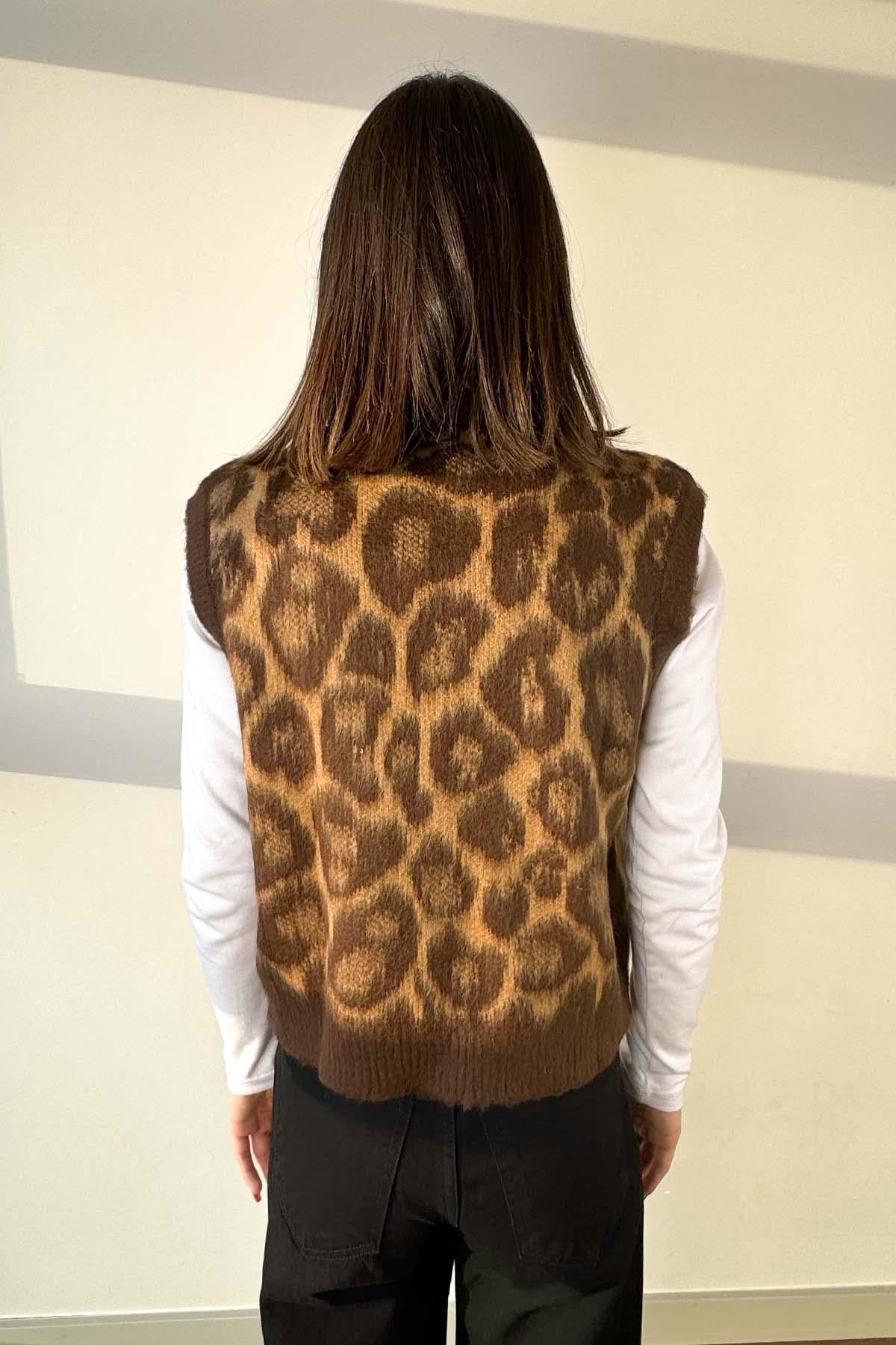 Kahverengi Leopar Desen İpek Süveter