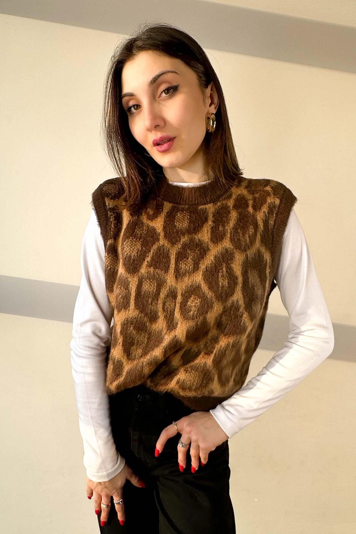 Kahverengi Leopar Desen İpek Süveter