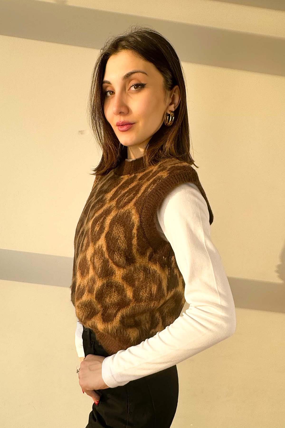 Kahverengi Leopar Desen İpek Süveter