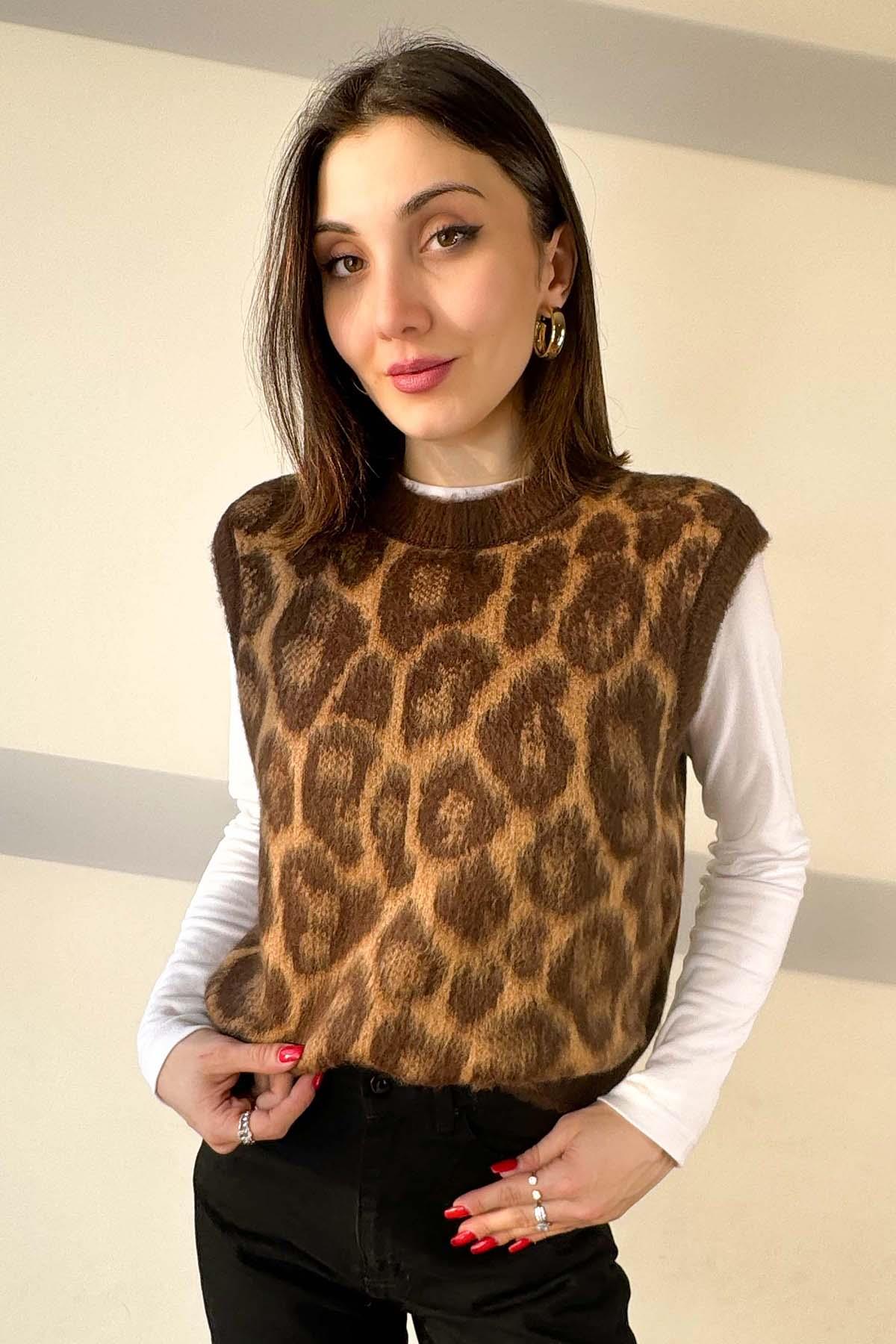 Kahverengi Leopar Desen İpek Süveter