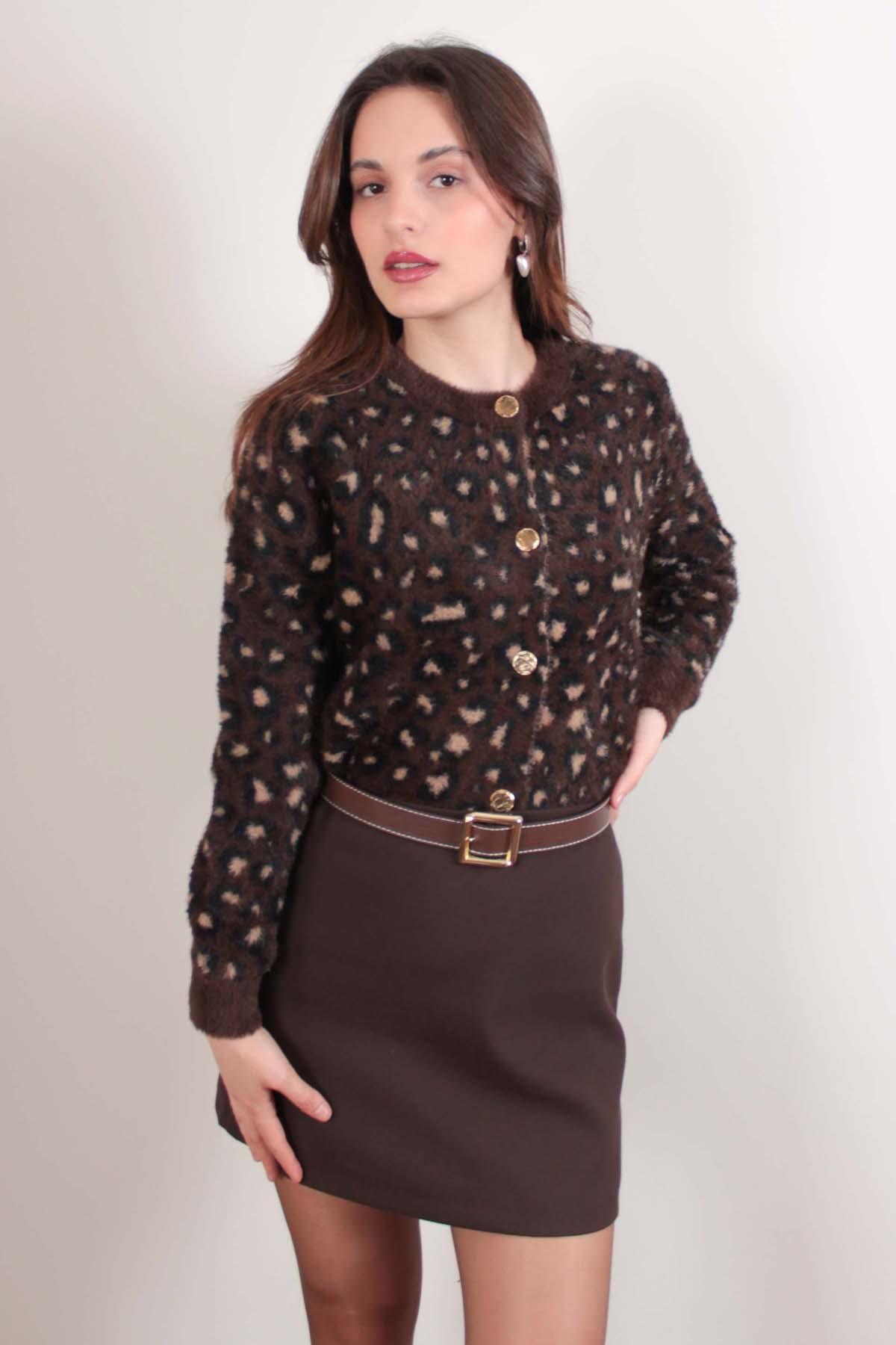Kahverengi Leopar Desen Sakallı Yumoş Hırka