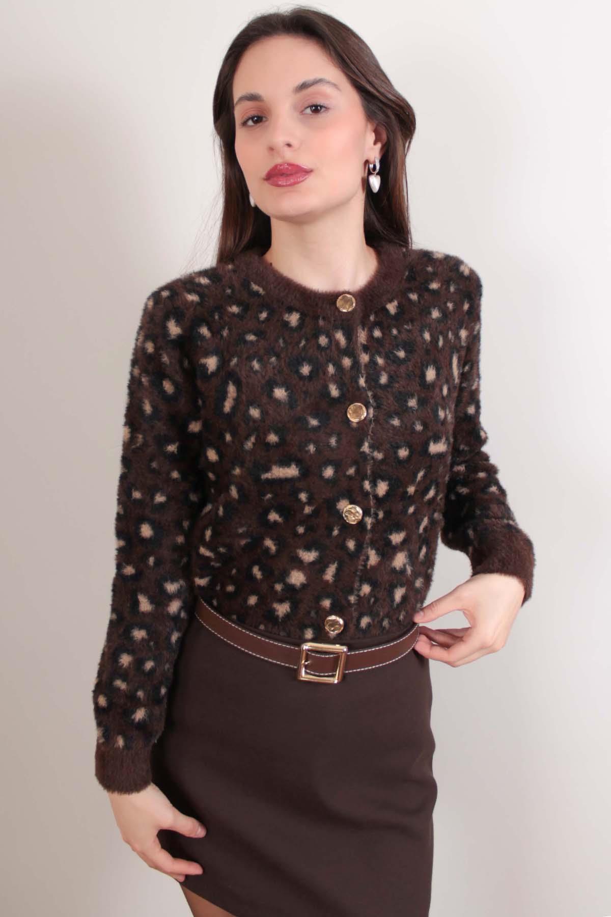 Kahverengi Leopar Desen Sakallı Yumoş Hırka
