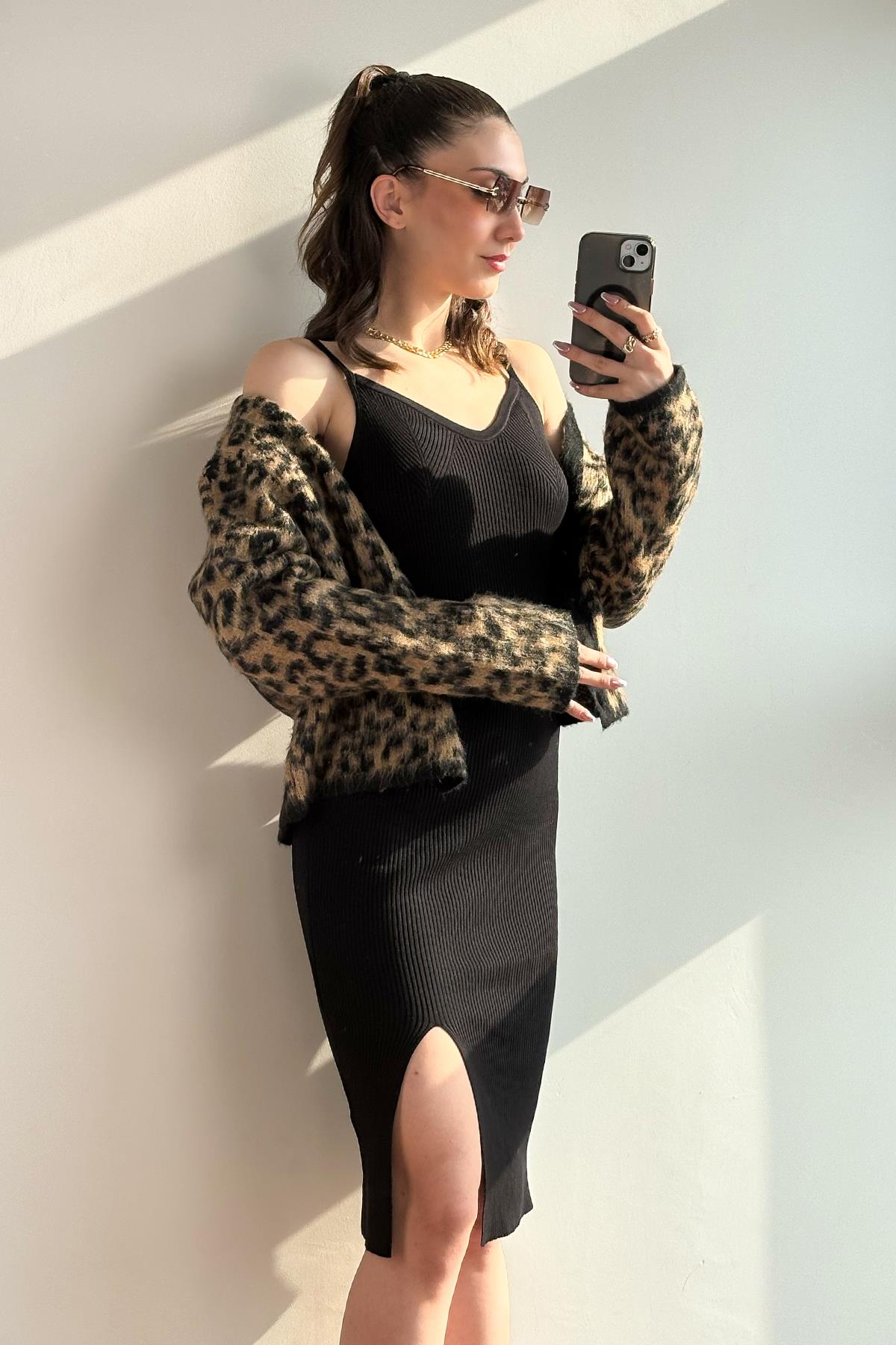 Kahverengi Leopar Desenli Sakallı Yumoş Hırka