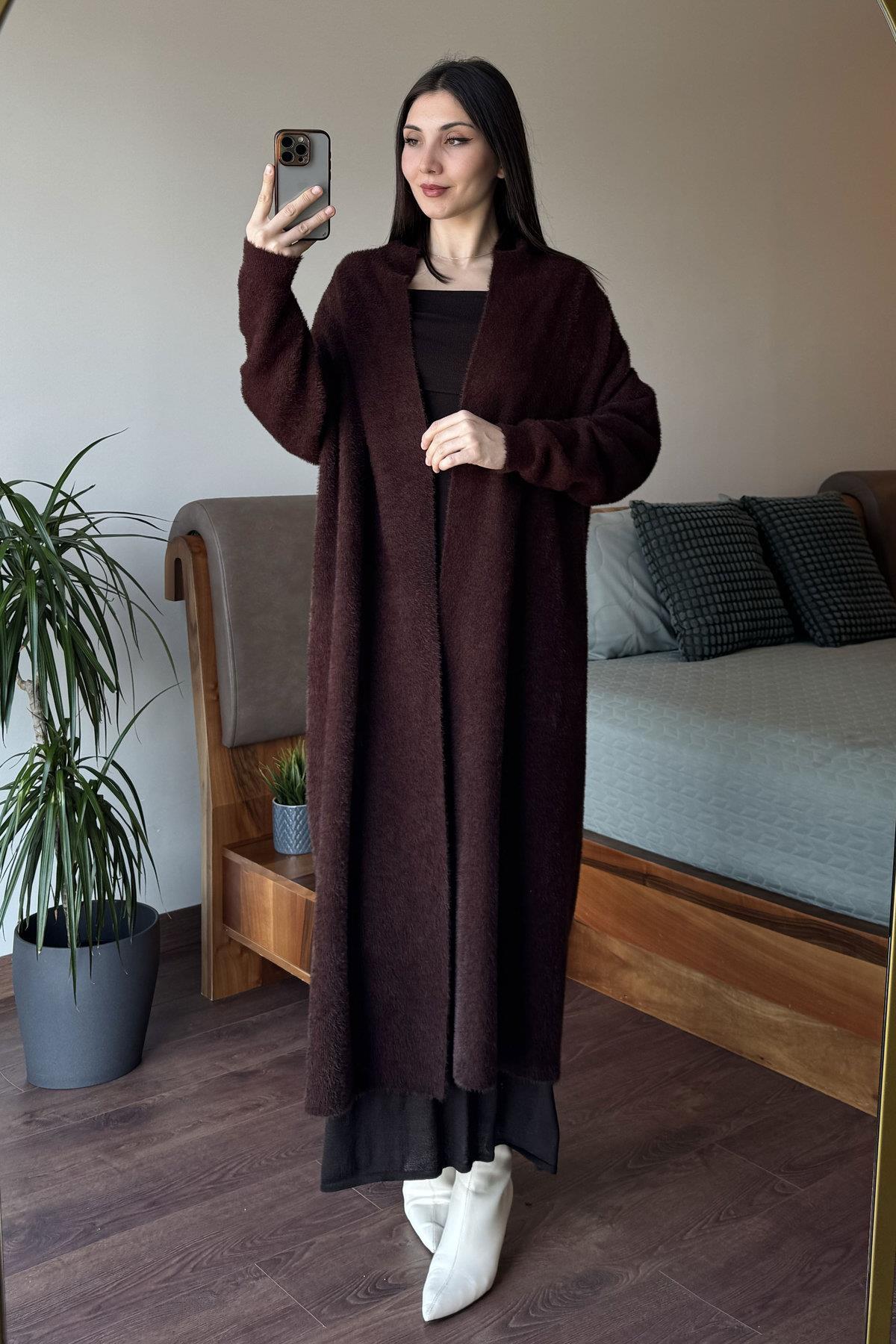 Kahverengi Maxi Boy Yumoş Hırka