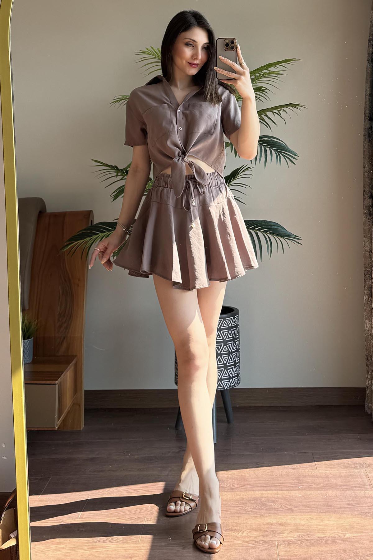 Kahverengi Mini Boy Şortlu Etek