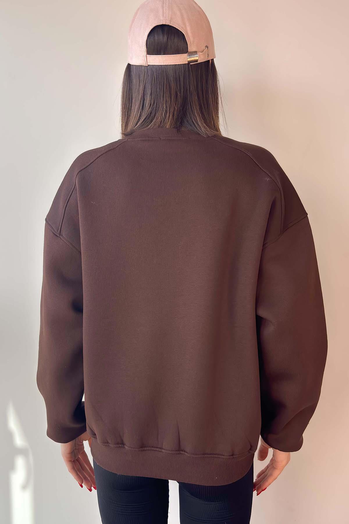 Kahverengi Oversize Bisiklet Yaka İçi Şardonlu Üç İplik Sweatshirt