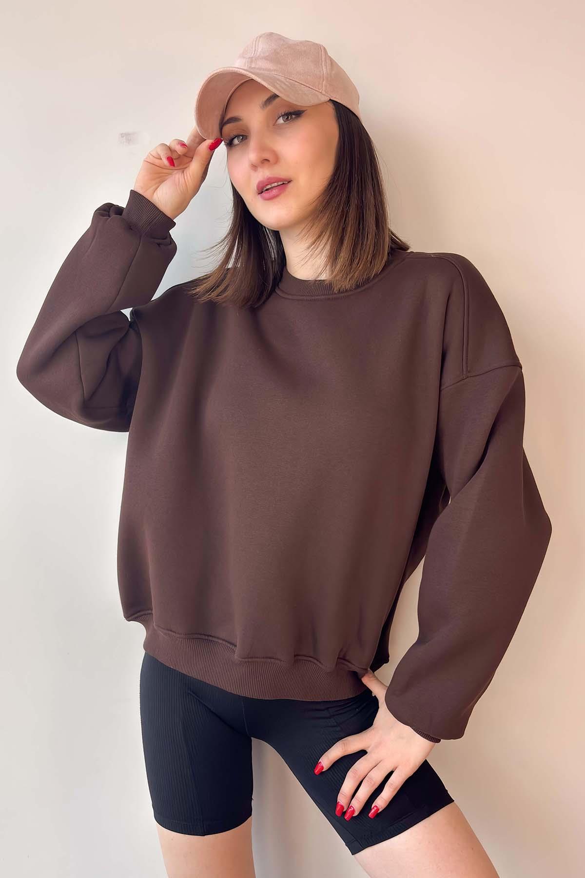 Kahverengi Oversize Bisiklet Yaka İçi Şardonlu Üç İplik Sweatshirt
