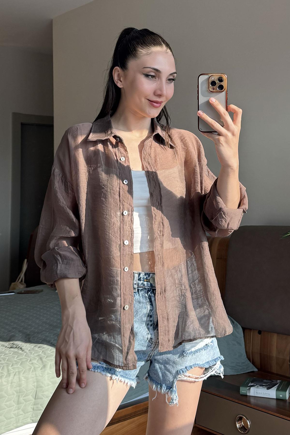 Kahverengi Oversize İpeksi Gömlek