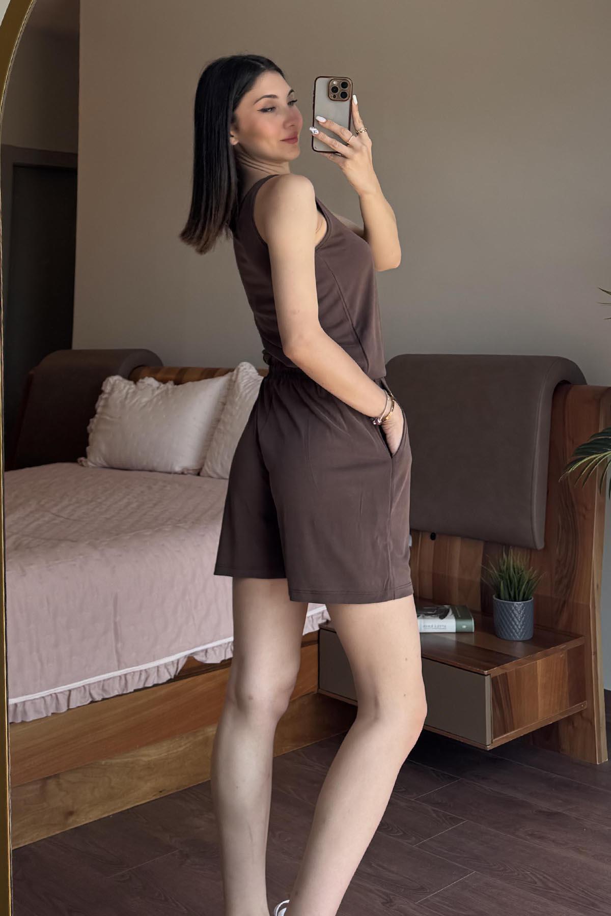 Kahverengi OYSH Kalın Askılı Pike Modal Şortlu Takım