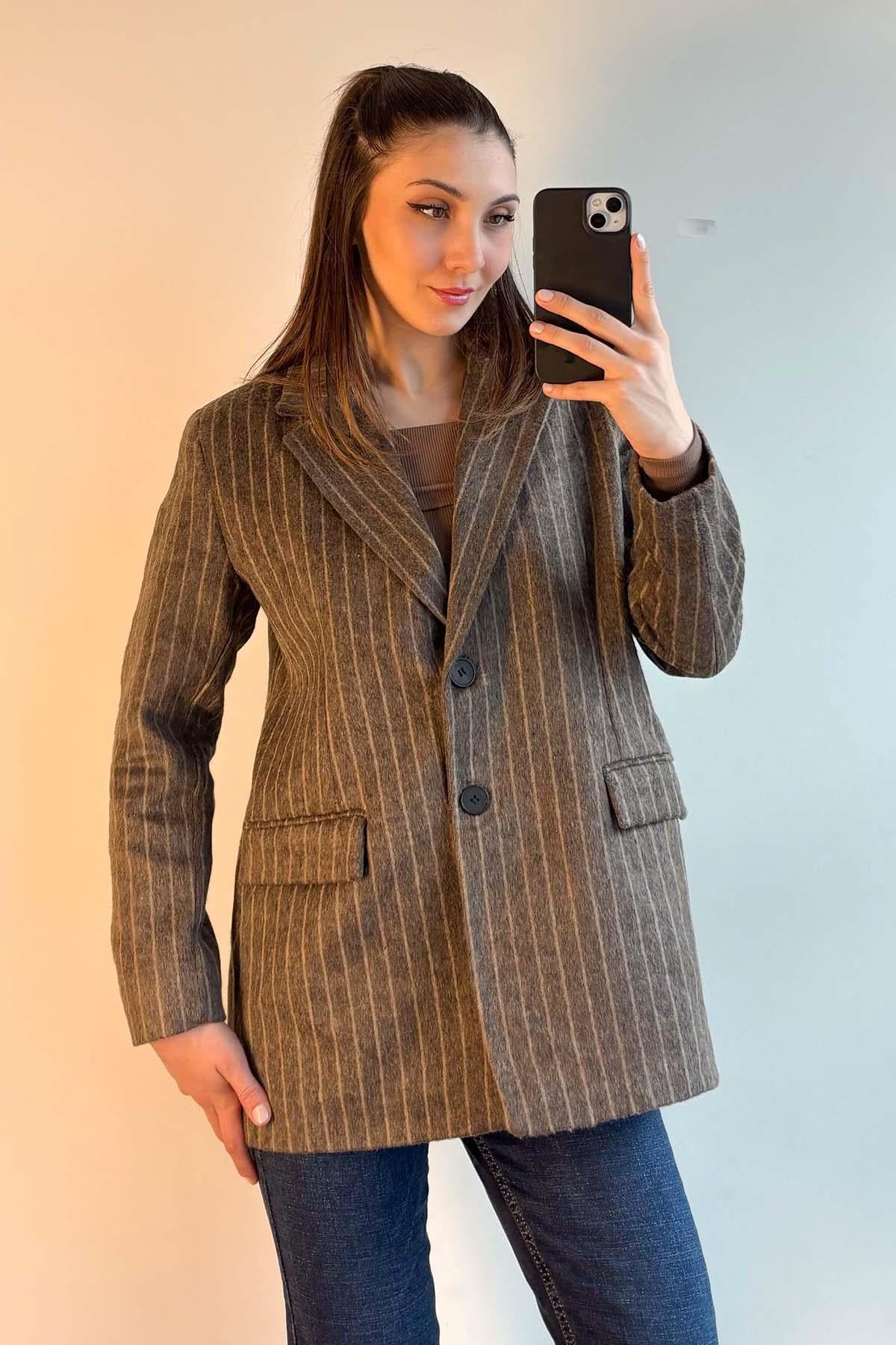 Kahverengi Sakallı Dokulu Kaşe Blazer Ceket