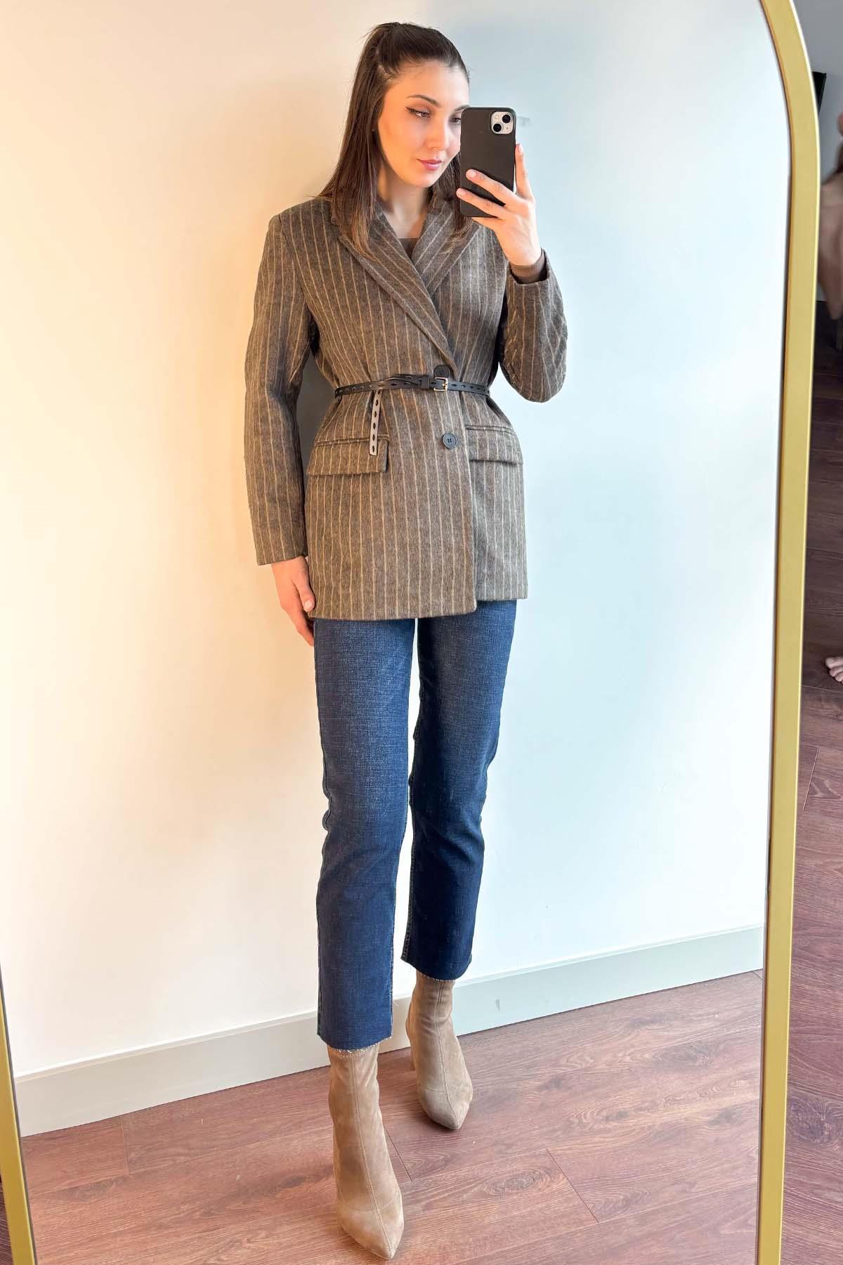 Kahverengi Sakallı Dokulu Kaşe Blazer Ceket