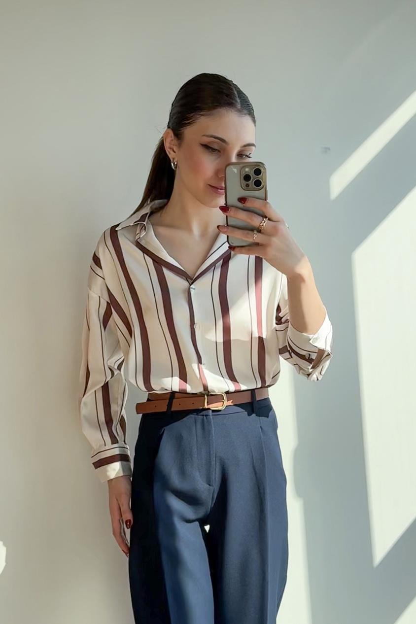 Kahverengi Sedef Düğmeli Oversize Çizgili Gömlek
