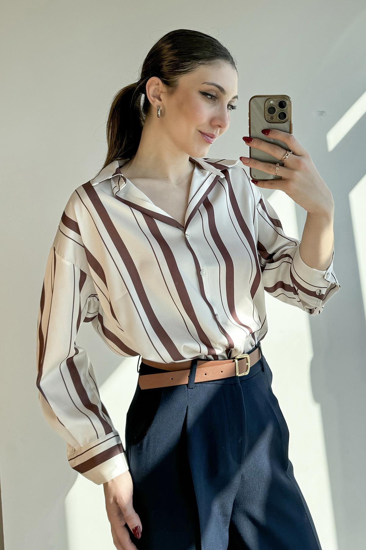 Kahverengi Sedef Düğmeli Oversize Çizgili Gömlek