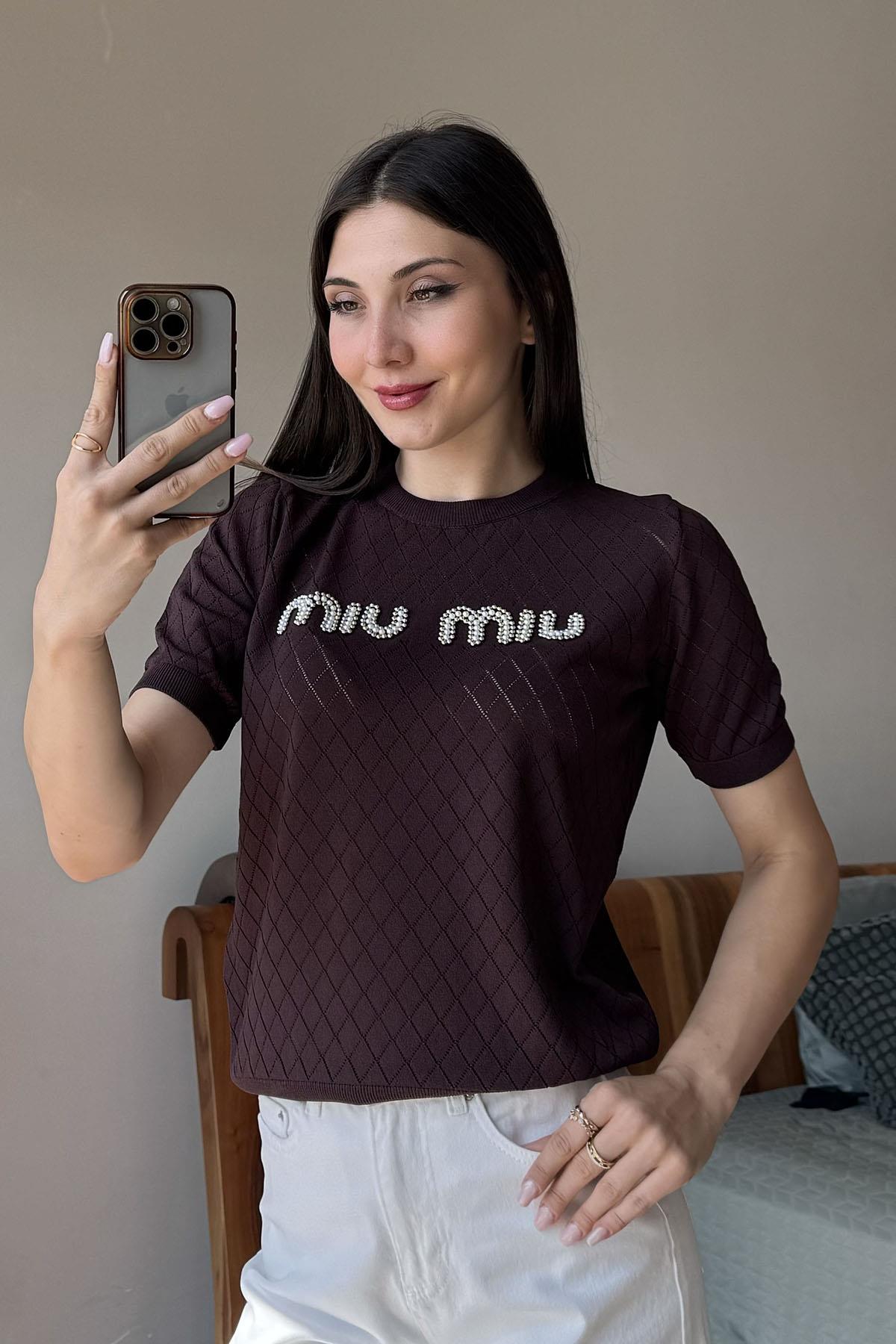 Kahverengi Taşlı Ajurlu Triko Bluz