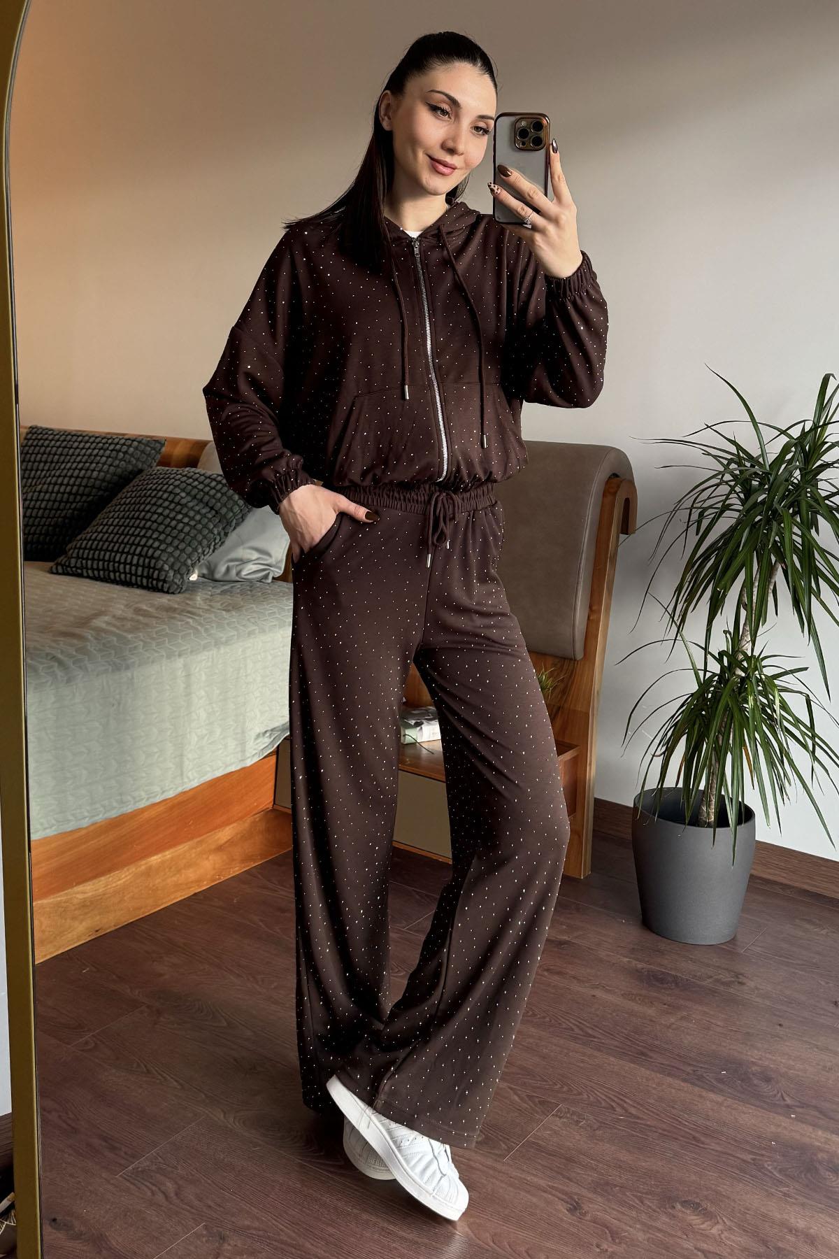 Kahverengi Taşlı Sweatshirt Eşofman Takım