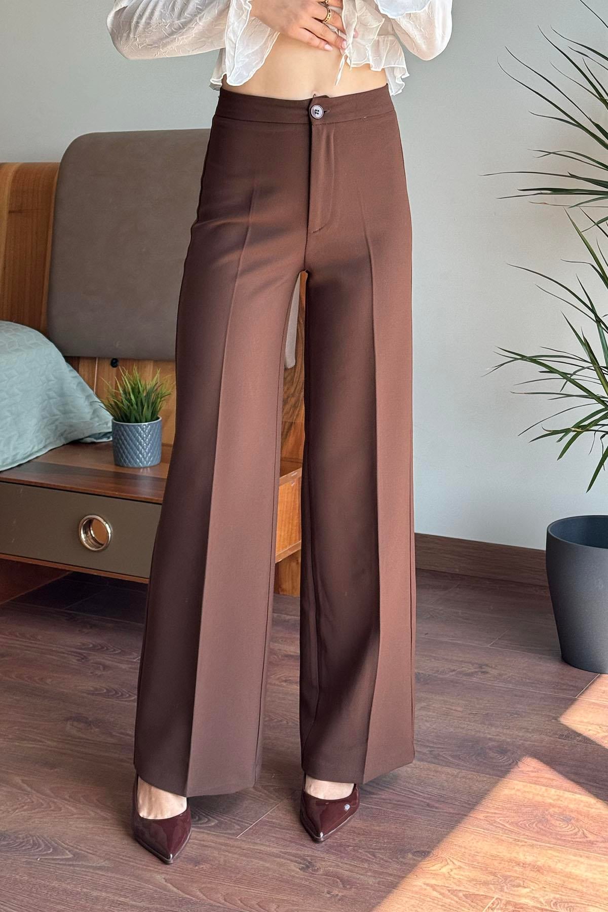 Kahverengi Tek Düğmeli Boru Paça Pantolon