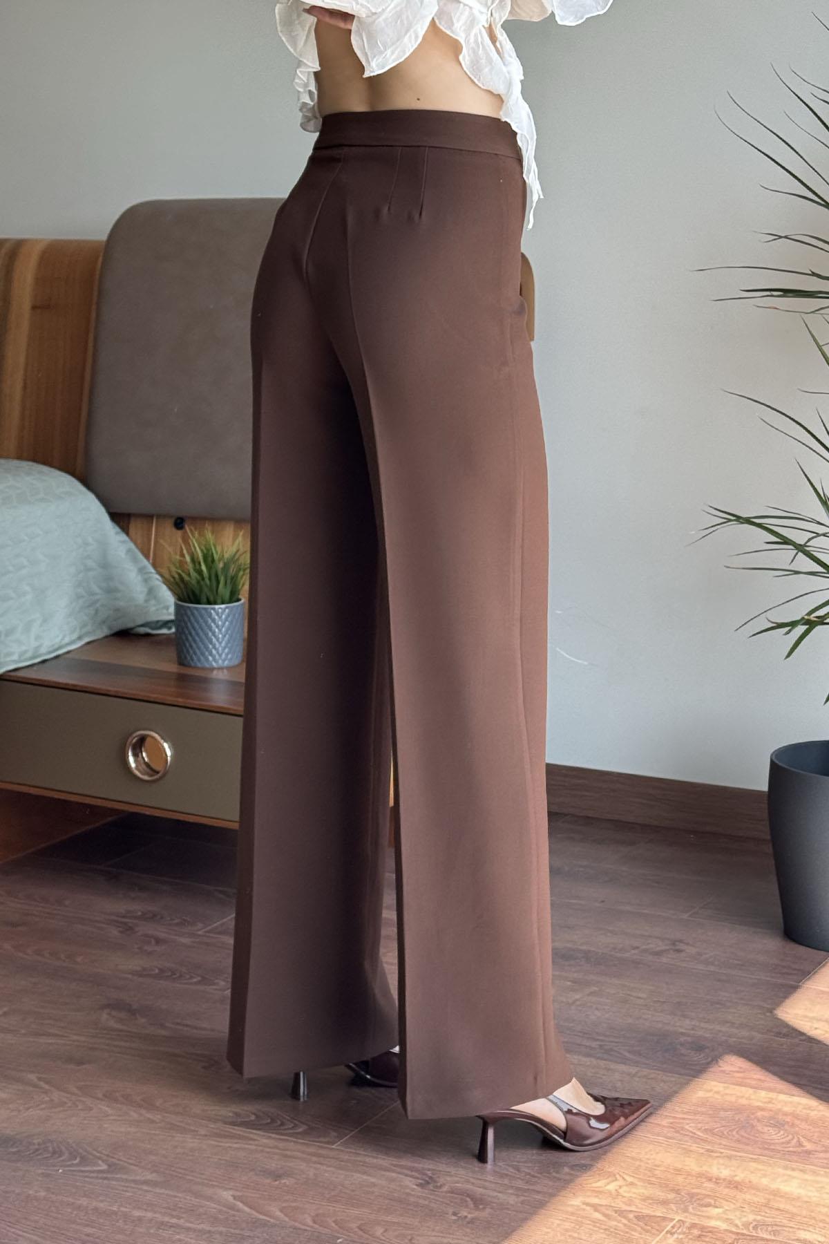 Kahverengi Tek Düğmeli Boru Paça Pantolon
