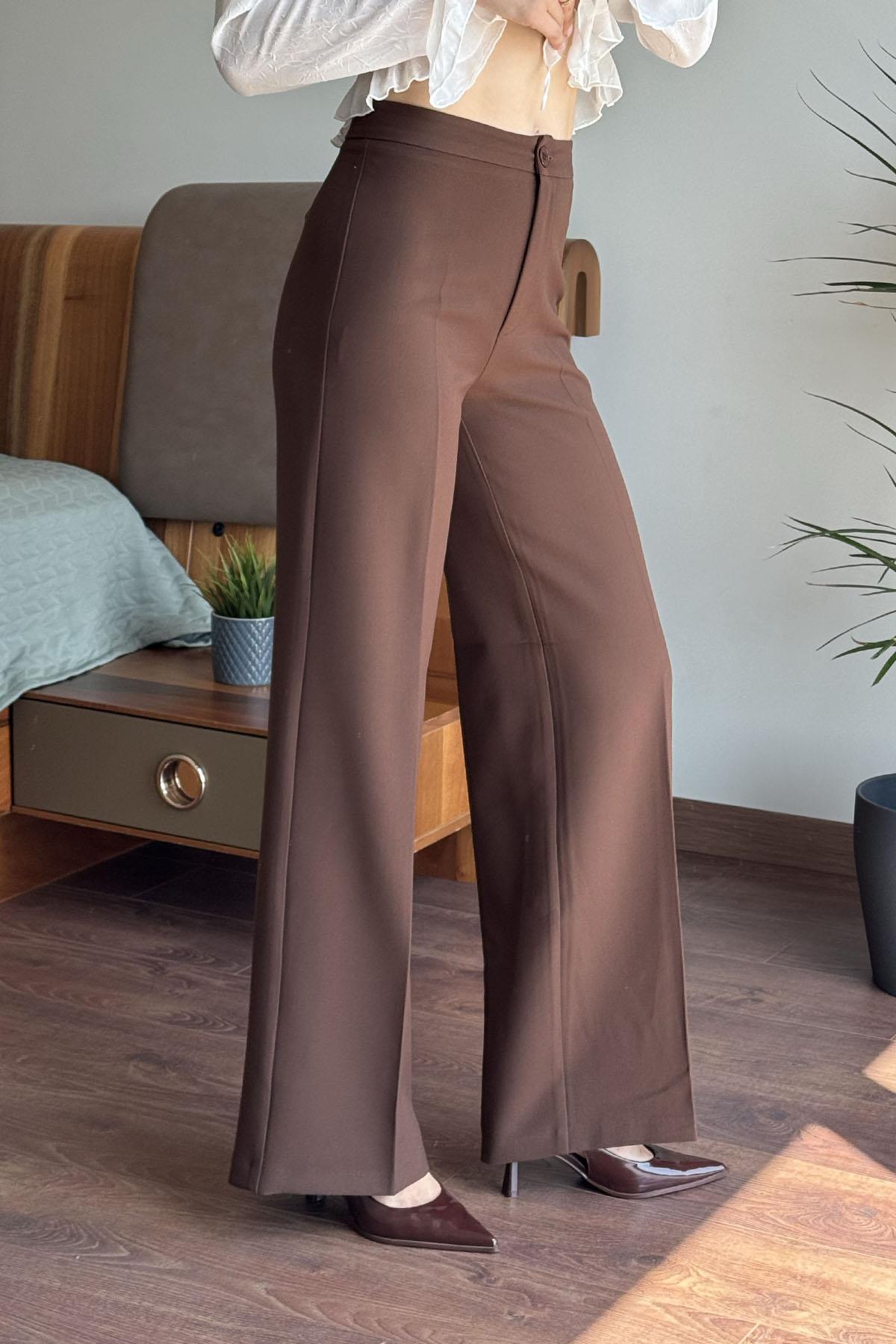 Kahverengi Tek Düğmeli Boru Paça Pantolon