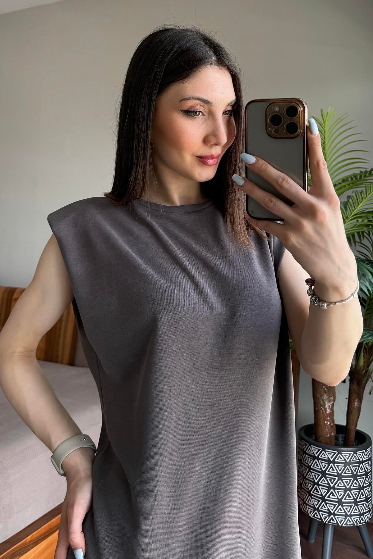 Kahverengi Vatkalı Pike Modal Elbise
