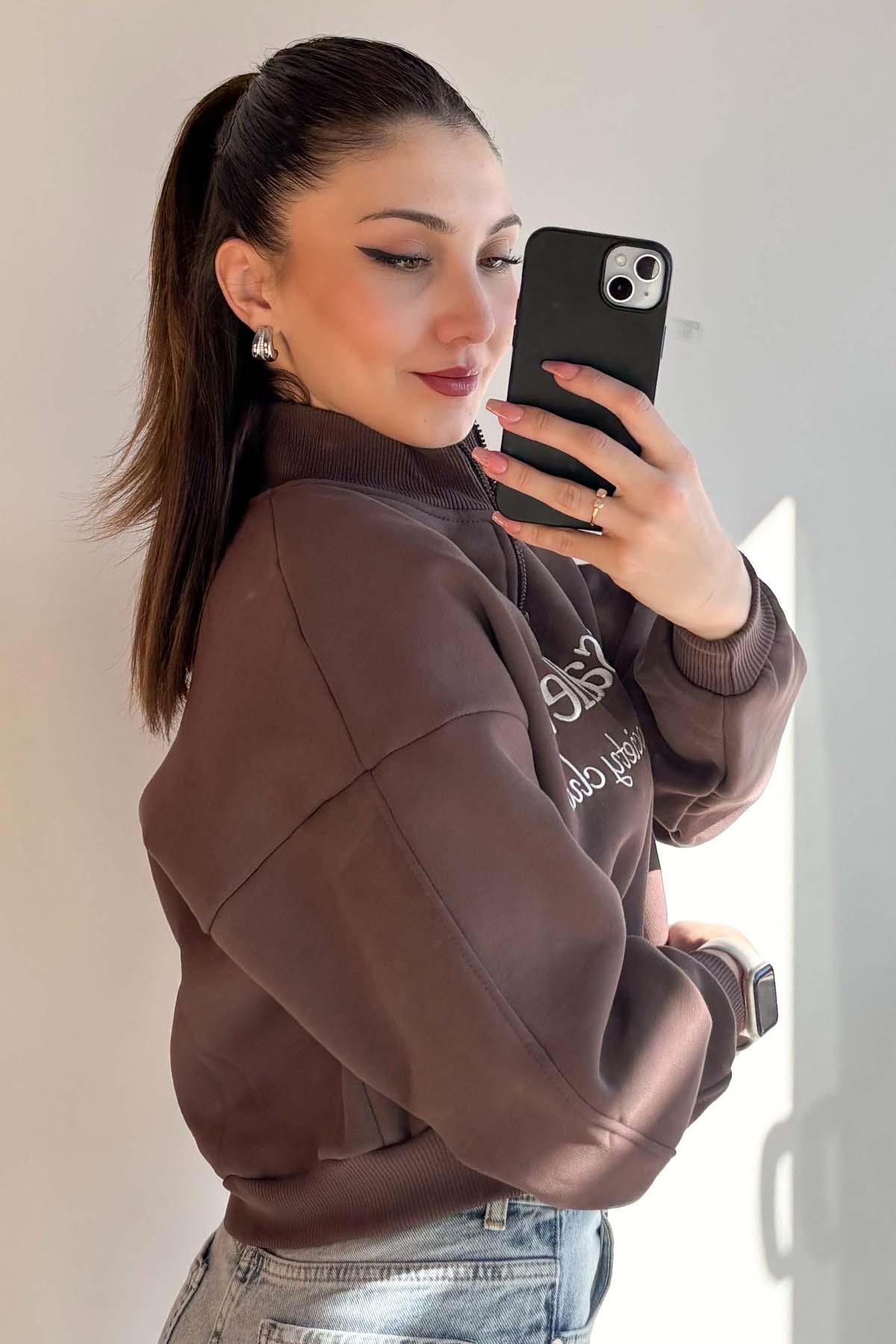 Kahverengi Versailles Yarım Fermuarlı Crop Sweatshirt