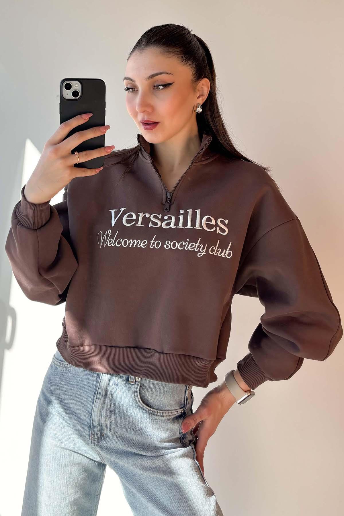 Kahverengi Versailles Yarım Fermuarlı Crop Sweatshirt
