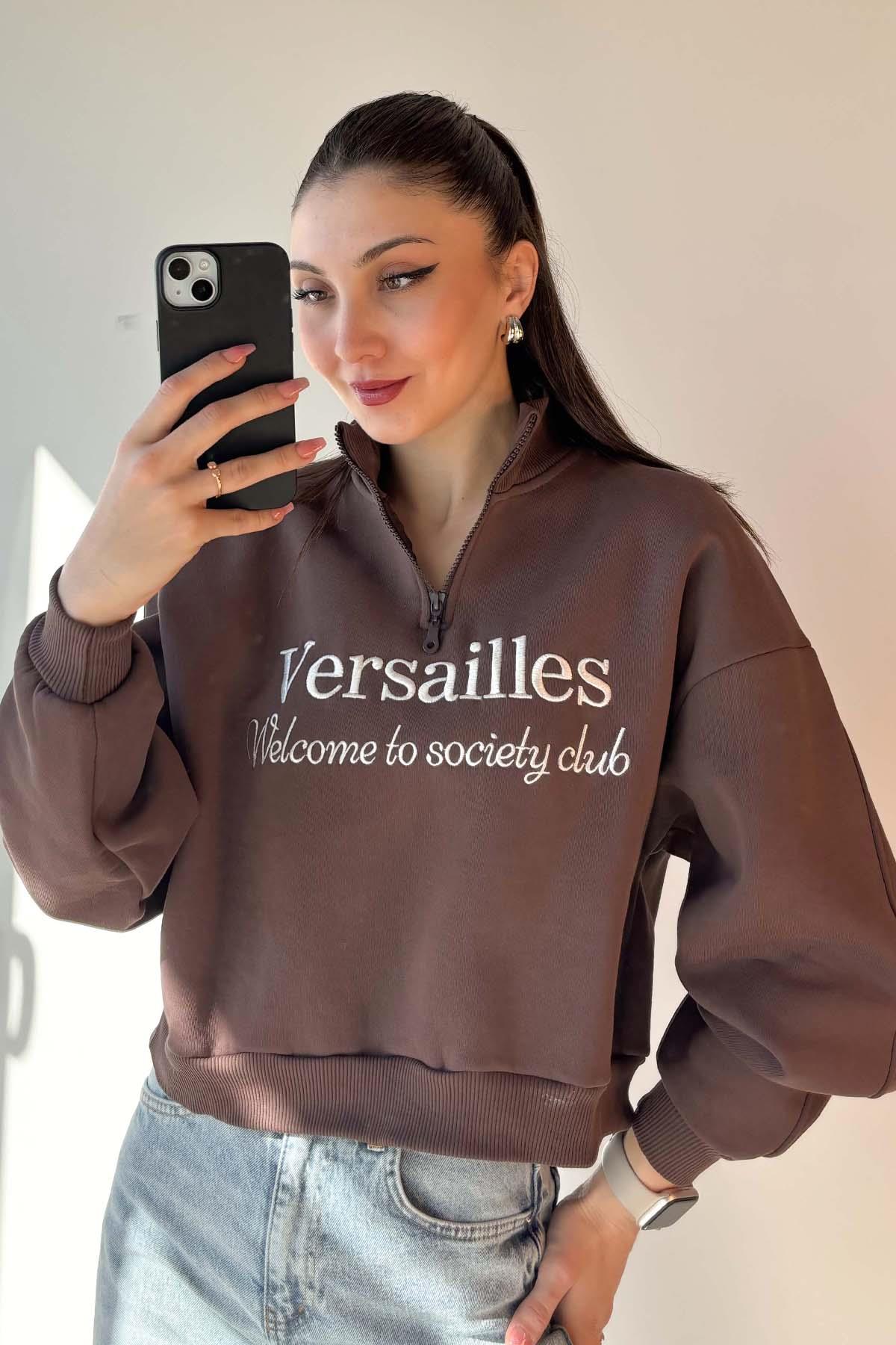 Kahverengi Versailles Yarım Fermuarlı Crop Sweatshirt