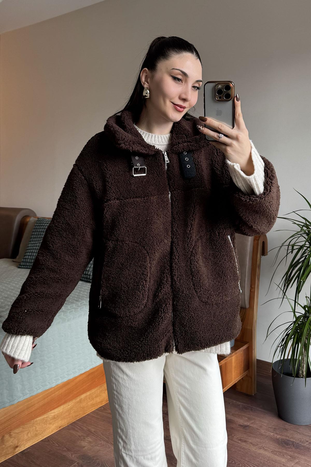 Kahverengi Yakası Toka Detaylı Teddy Biker Mont