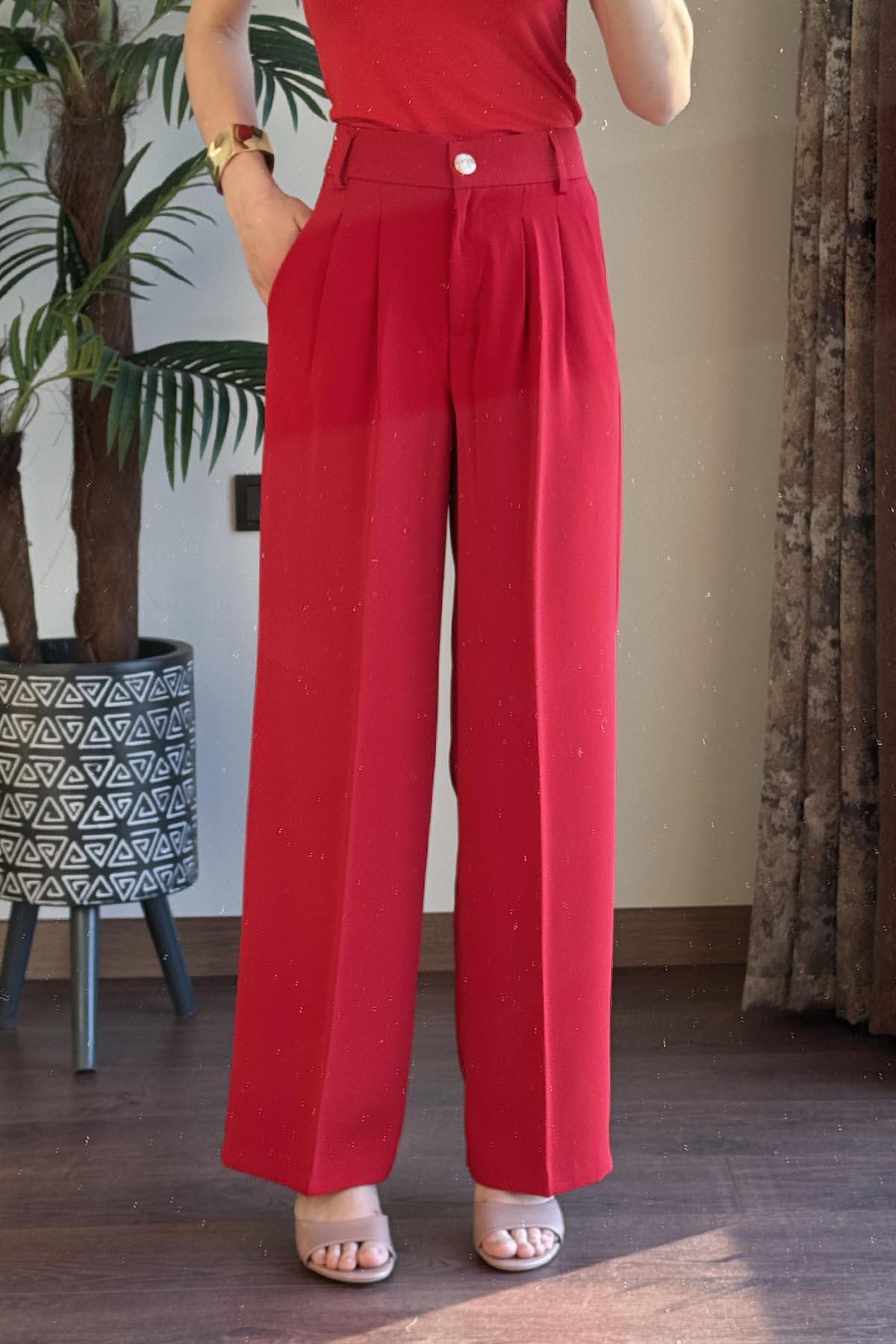 Kırmızı Beli Lastikli Gold Düğmeli Geniş Paça Pantolon