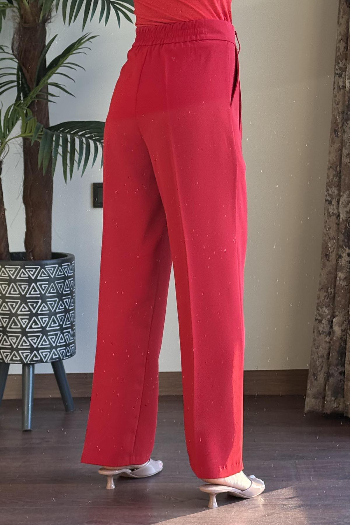 Kırmızı Beli Lastikli Gold Düğmeli Geniş Paça Pantolon