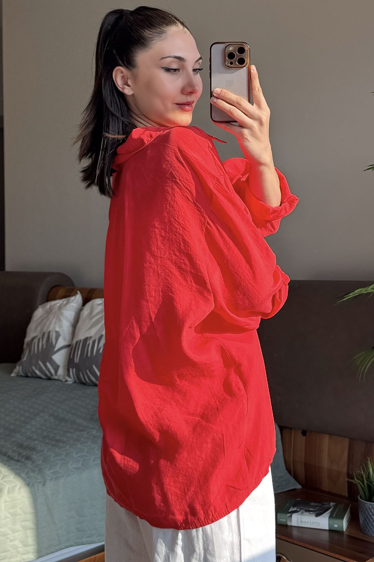 Kırmızı Düşük Omuzlu Oversize Gömlek